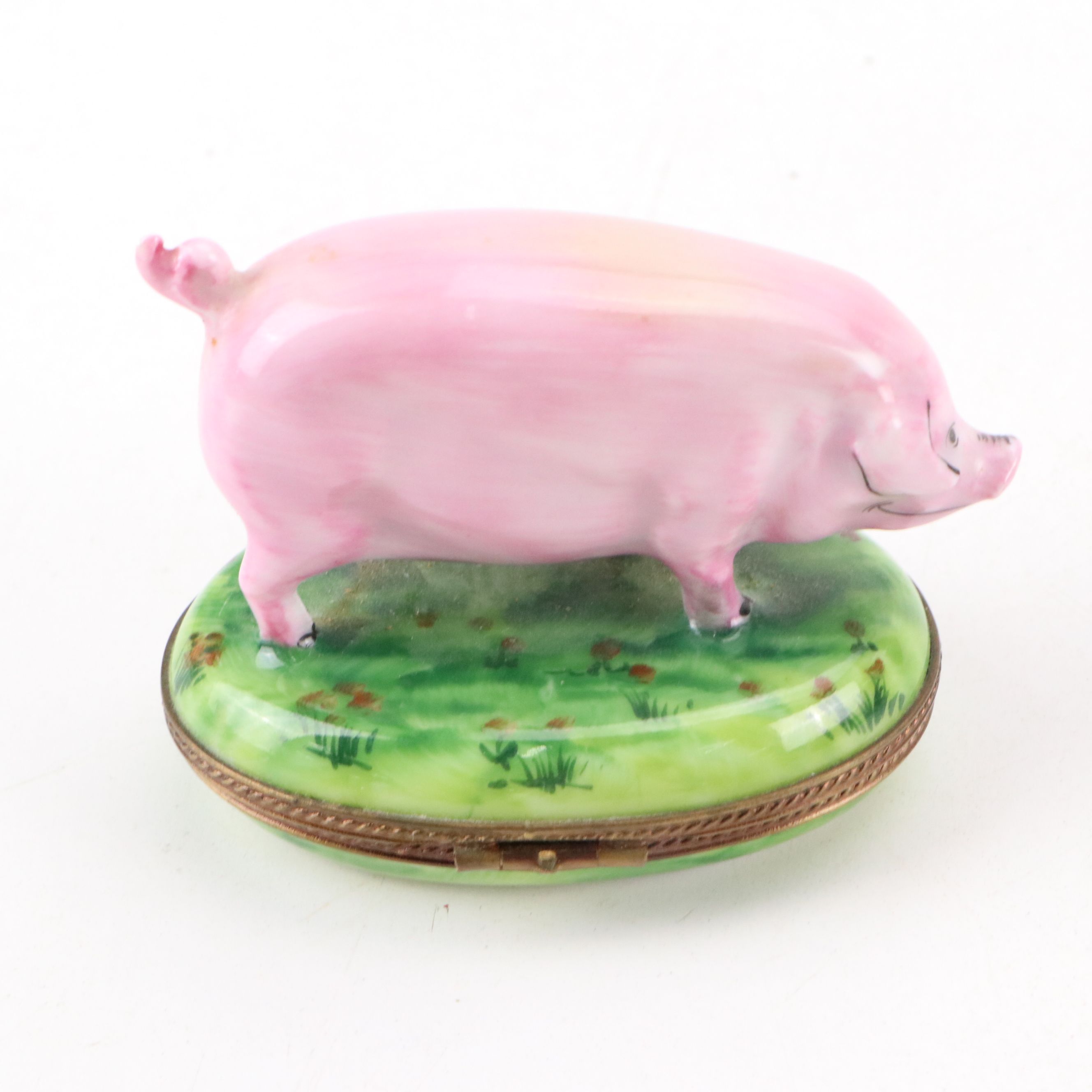 Rochard Pig Hand-Painted Porcelain Limoges Box with Other Plastic Floral Figures