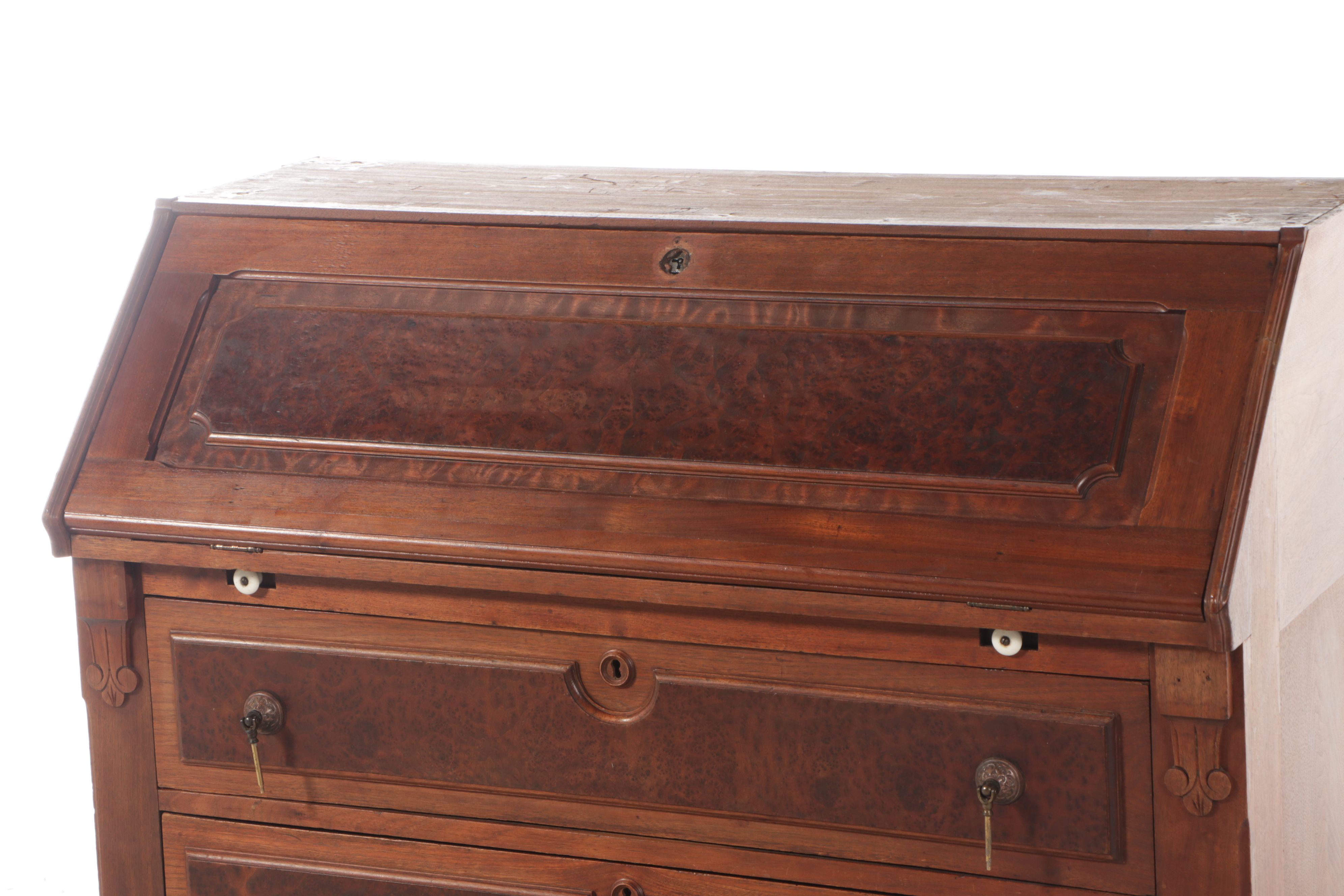 Victorian Style Walnut and Burl Wood Secretary Desk