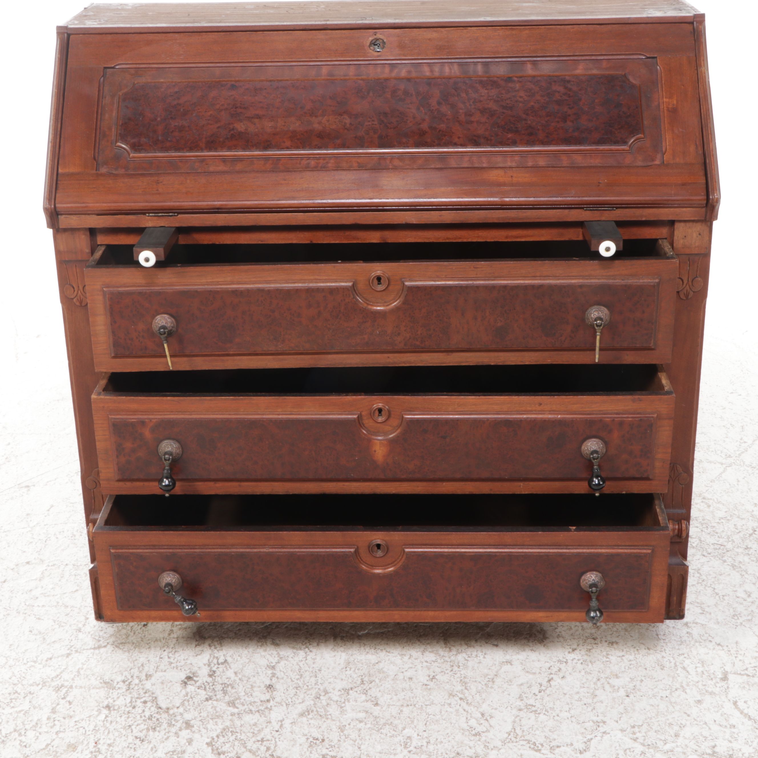 Victorian Style Walnut and Burl Wood Secretary Desk
