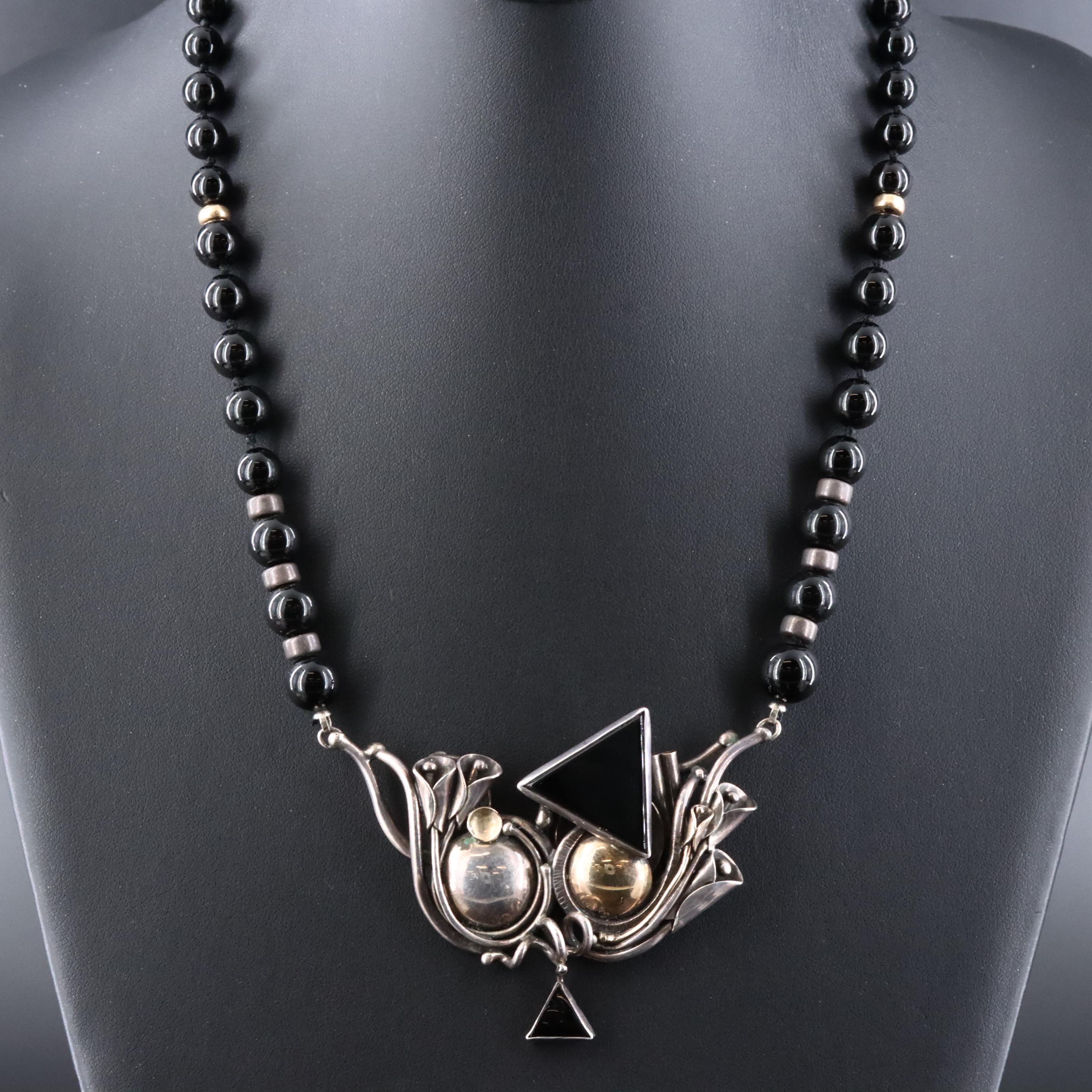 Sterling Black Onyx Modernist Necklace