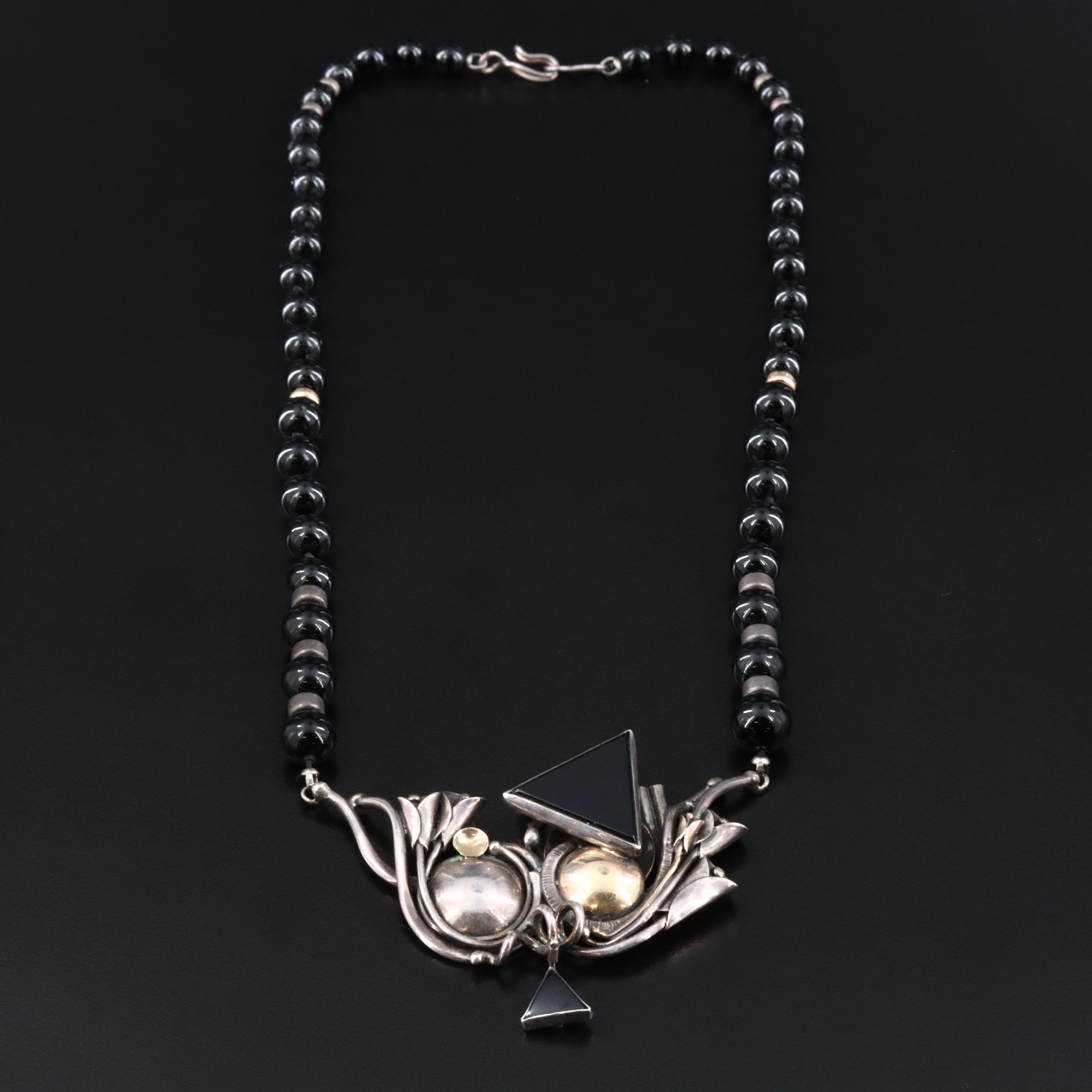 Sterling Black Onyx Modernist Necklace