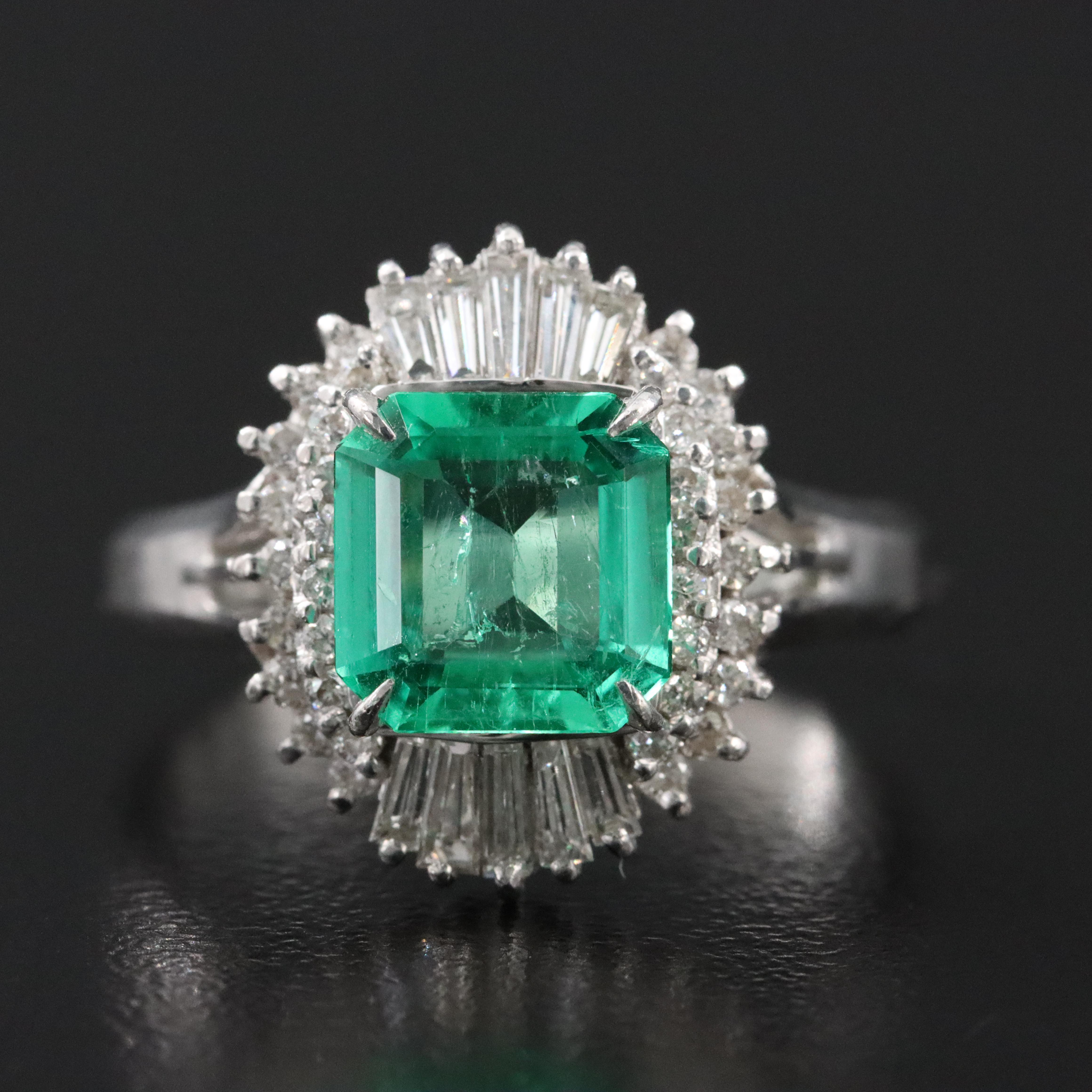 Platinum 1.51 CT Emerald and Diamond Ballerina Ring with GIA Report