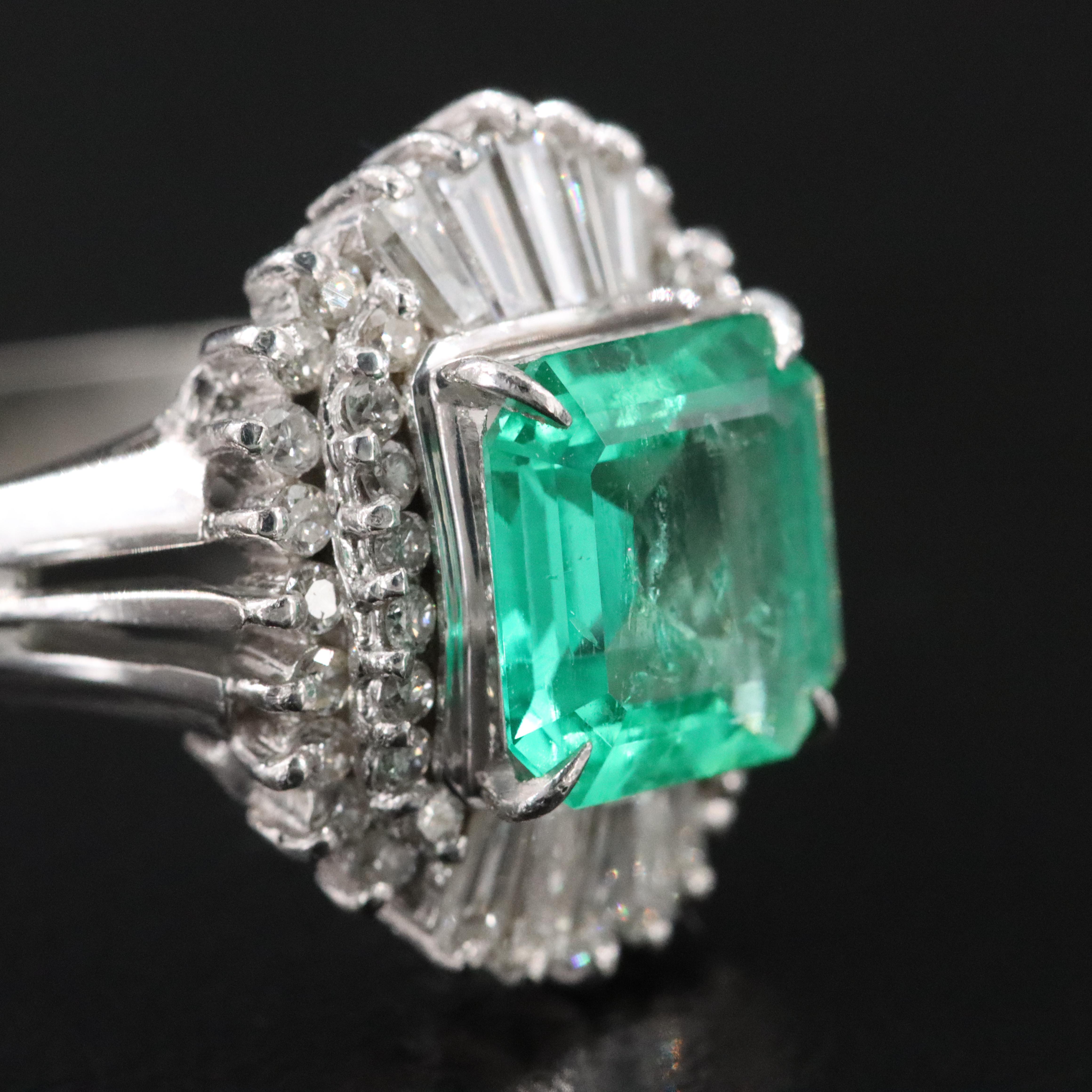 Platinum 1.51 CT Emerald and Diamond Ballerina Ring with GIA Report