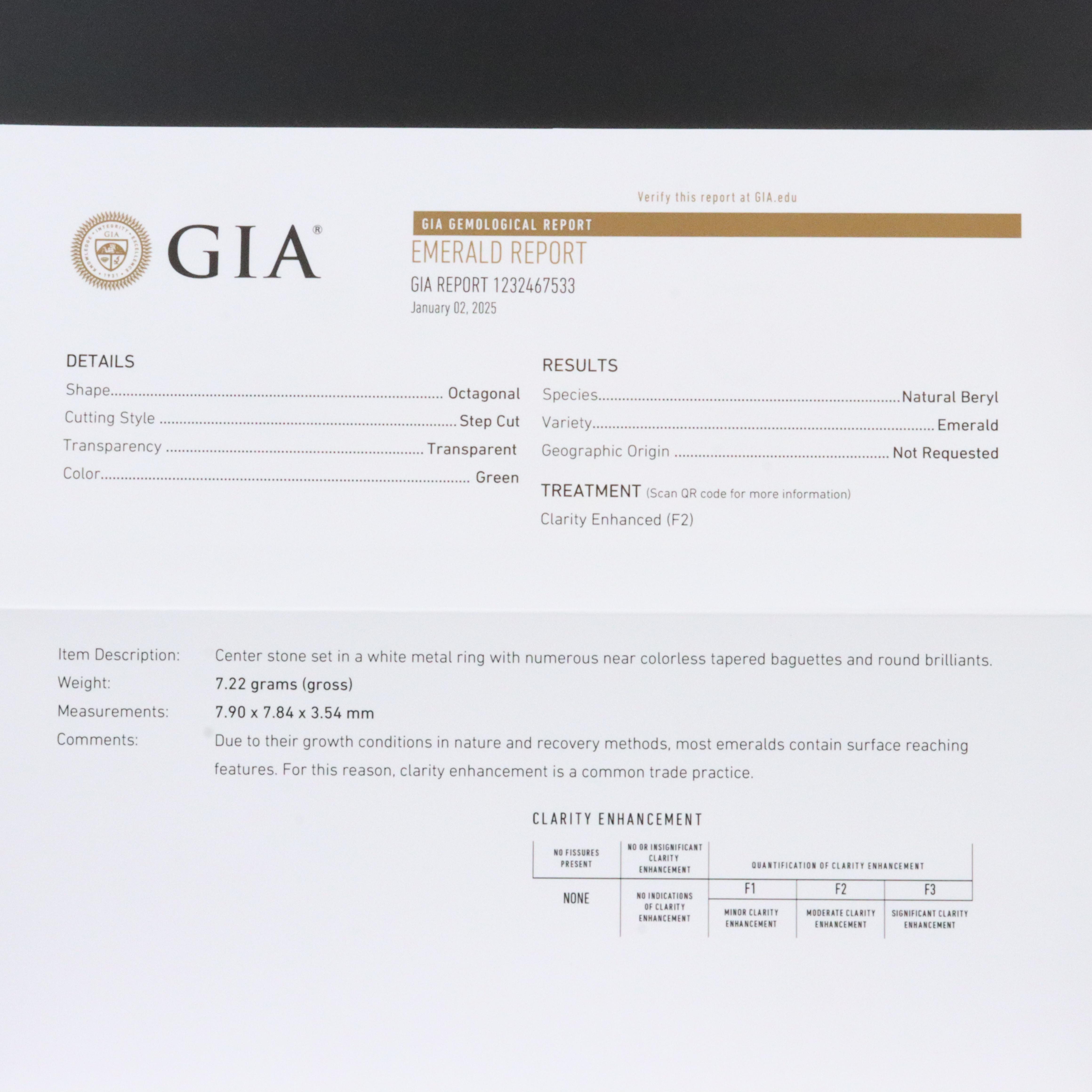 Platinum 1.51 CT Emerald and Diamond Ballerina Ring with GIA Report