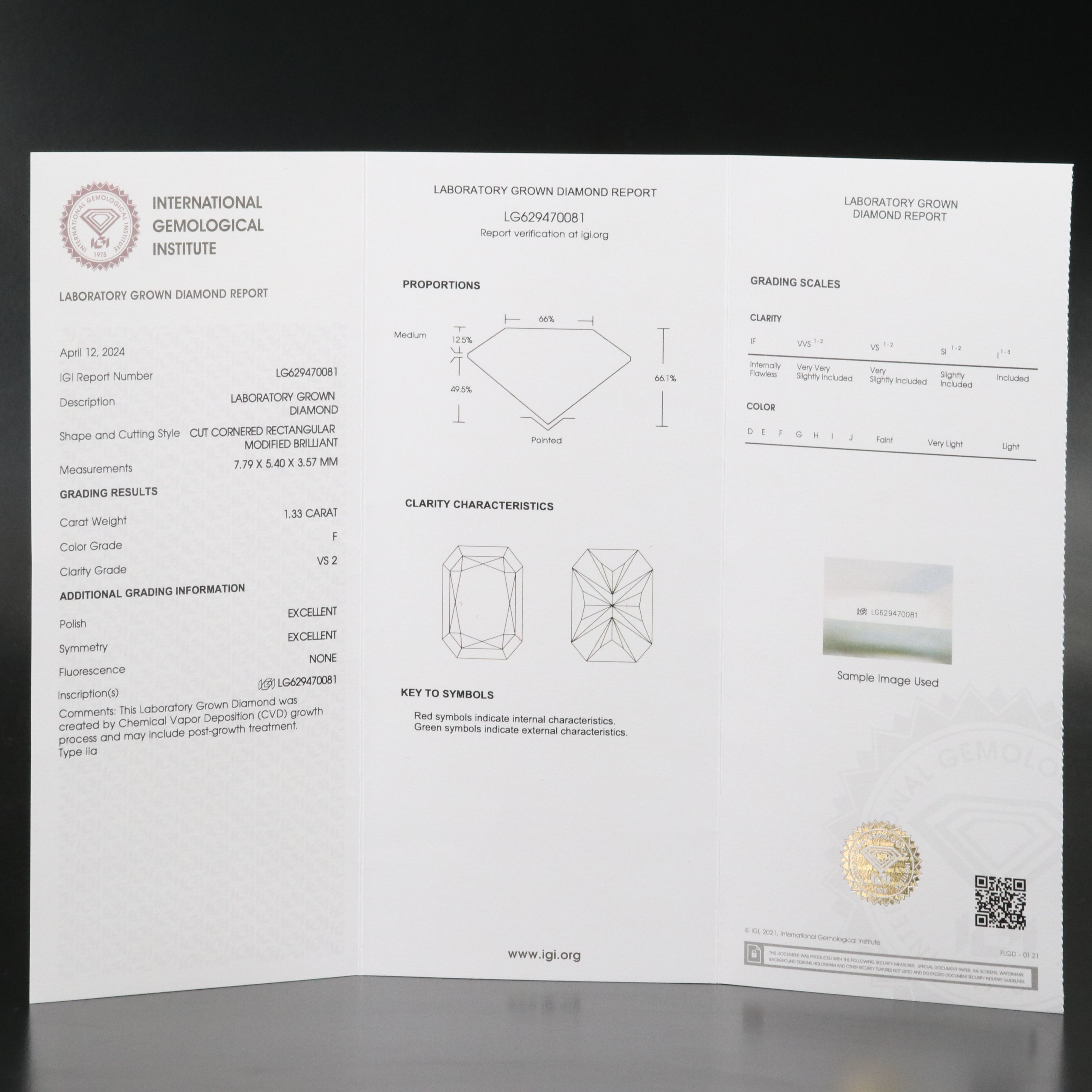 Loose 1.33 CT Lab Grown Diamond with IGI Report