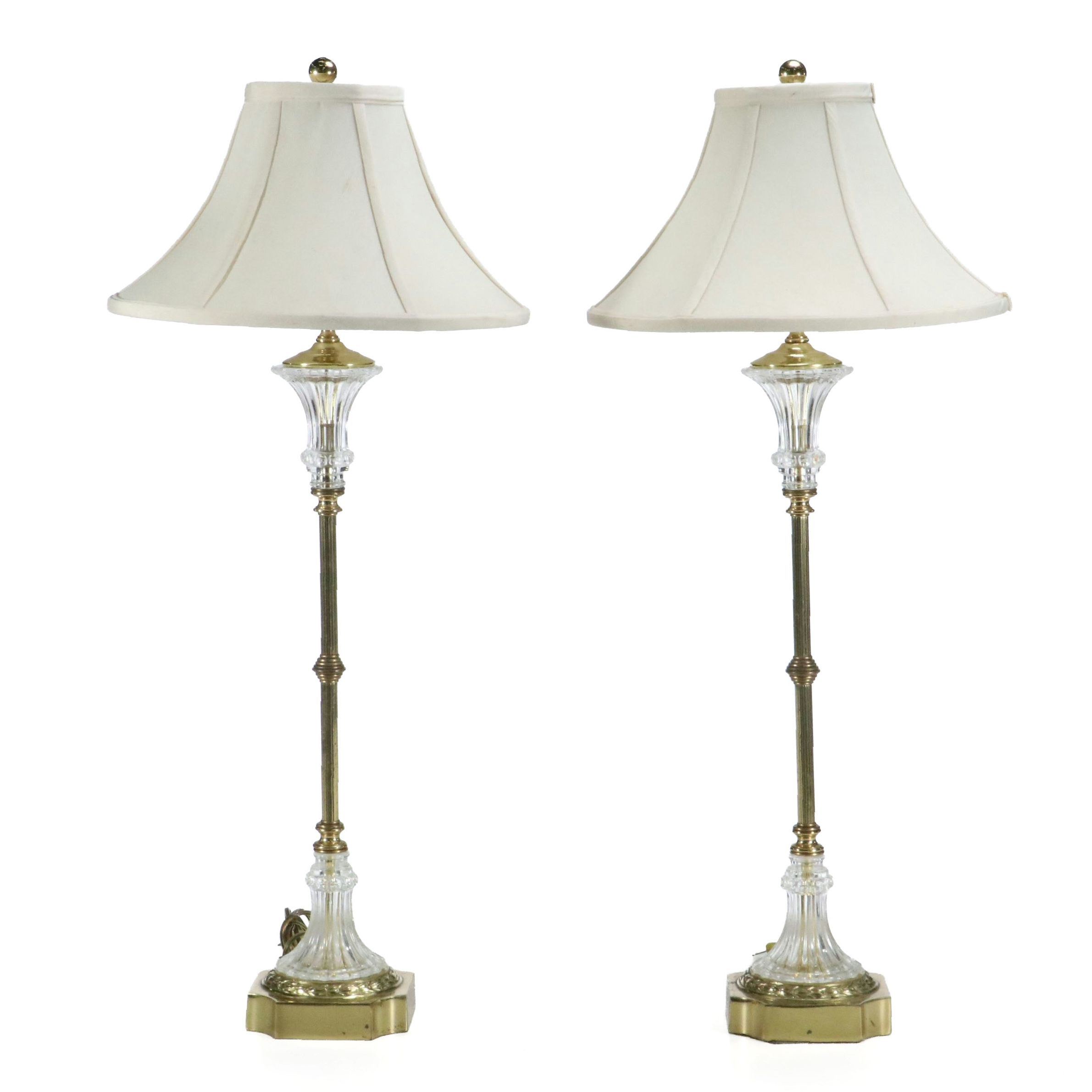 Pair of Neoclassical Style Brass and Glass Console Lamps, Silk Shades