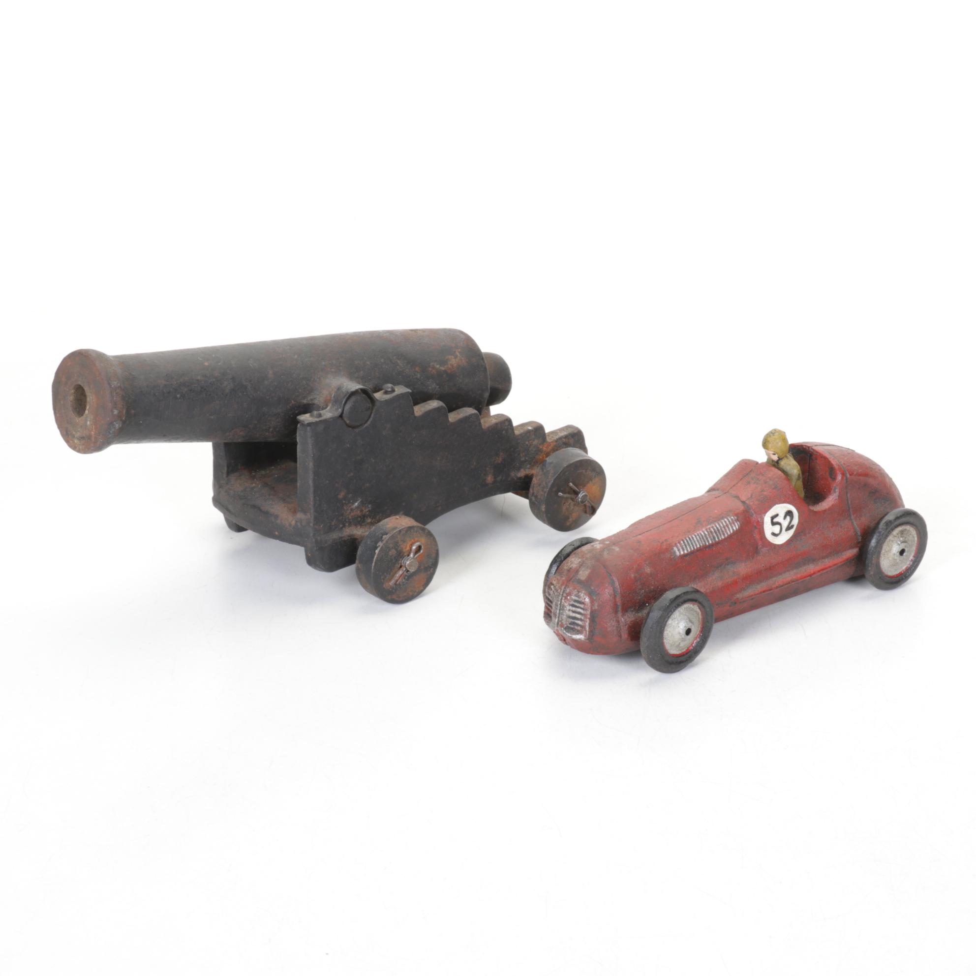 Cast Iron Muzzle Loading Cannon and #52 Red Maserati Race Car