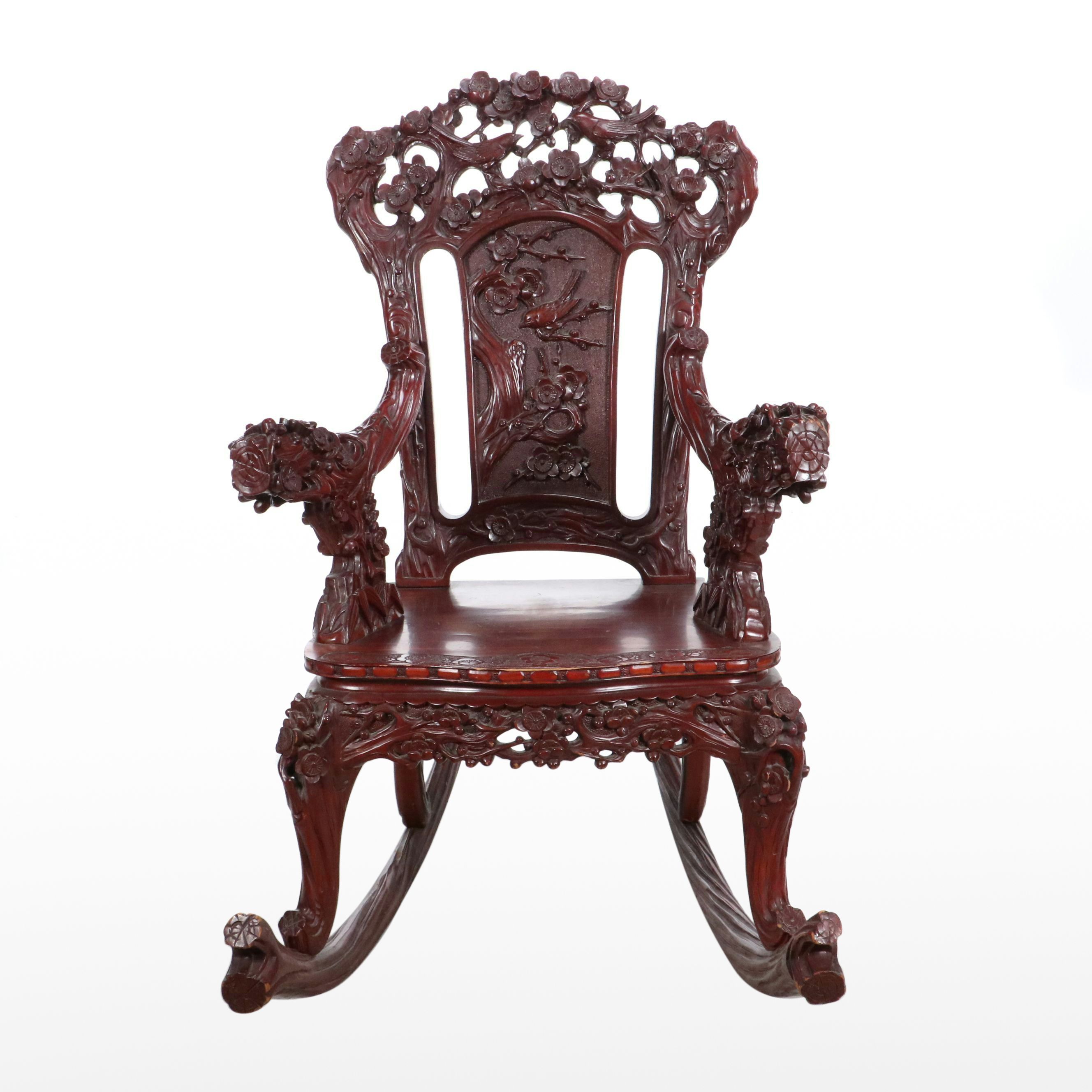 Japanese Cherry Blossom Carved Hardwood Rocking Chair