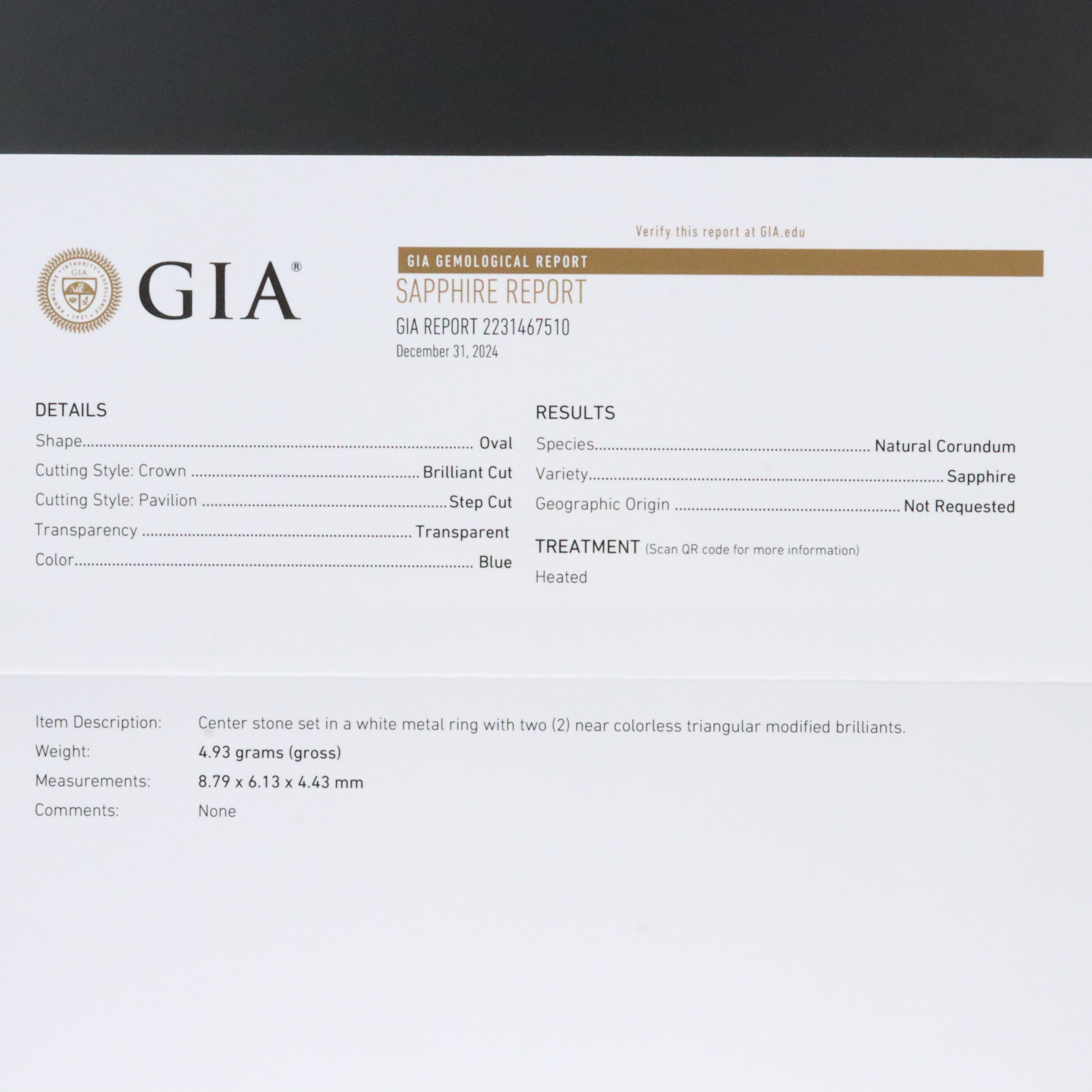 Platinum 2.18 CT Sapphire and Diamond Ring with GIA Report