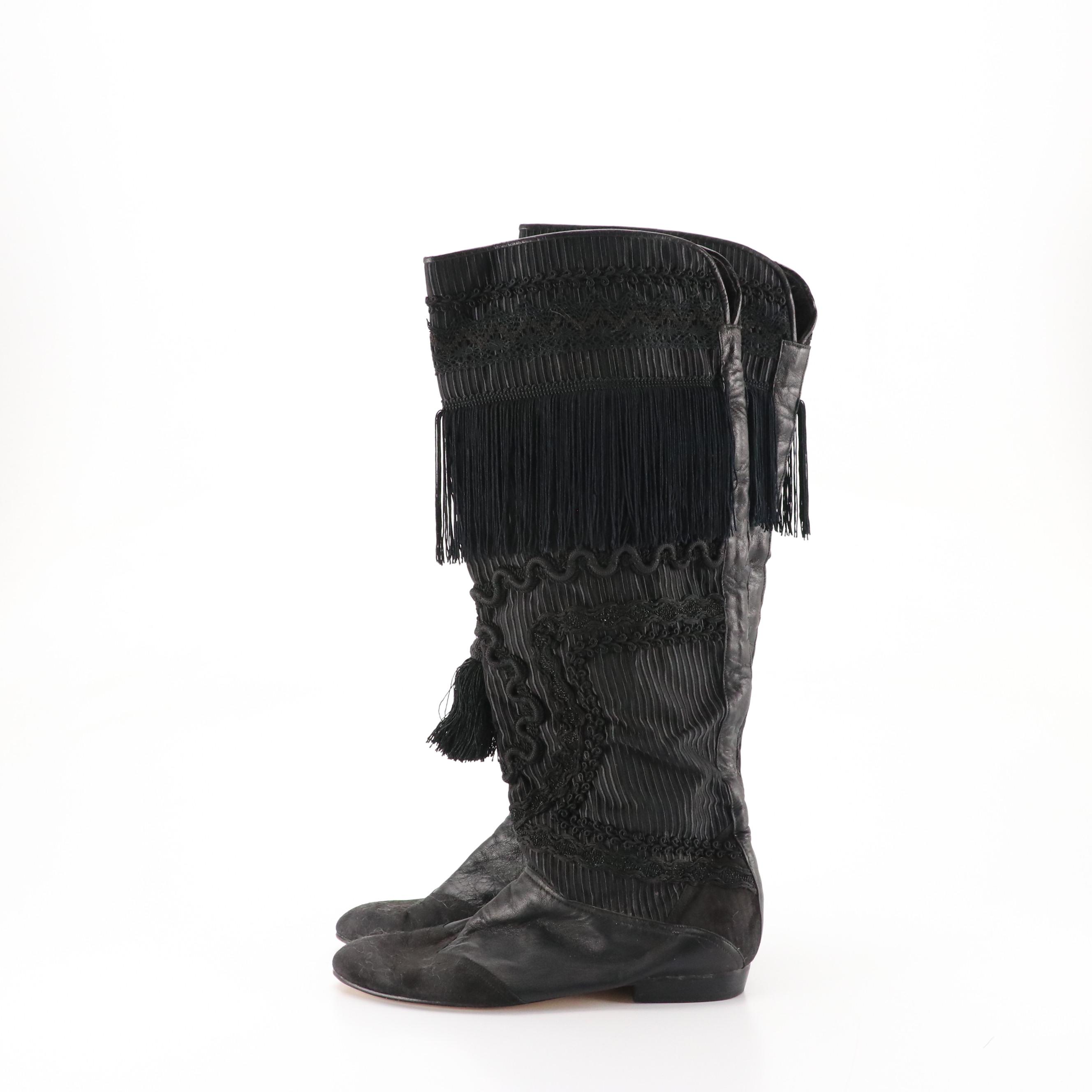 Ann Klein Black Leather Knee-High Boots and Other Tasseled and Fringed Boots