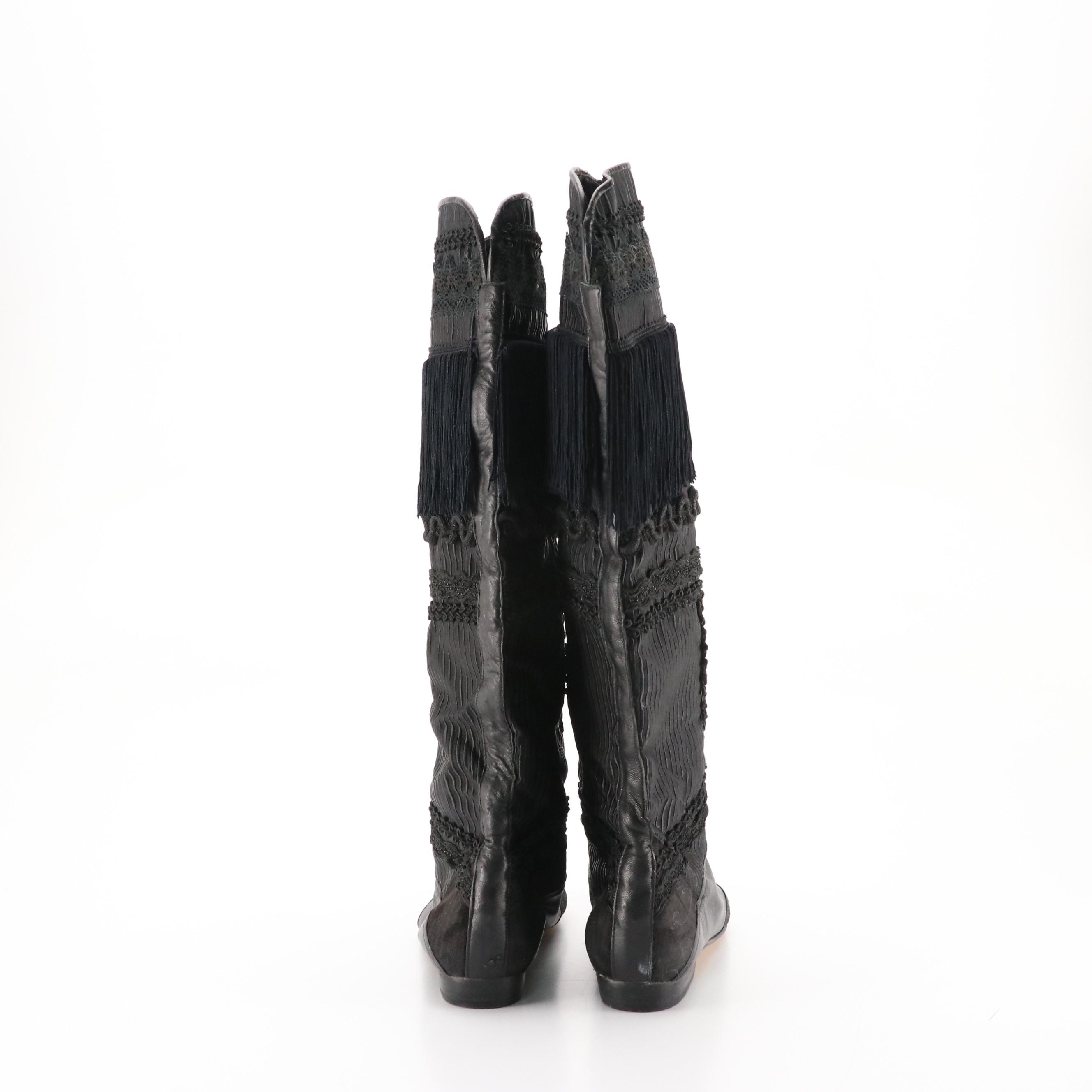 Ann Klein Black Leather Knee-High Boots and Other Tasseled and Fringed Boots