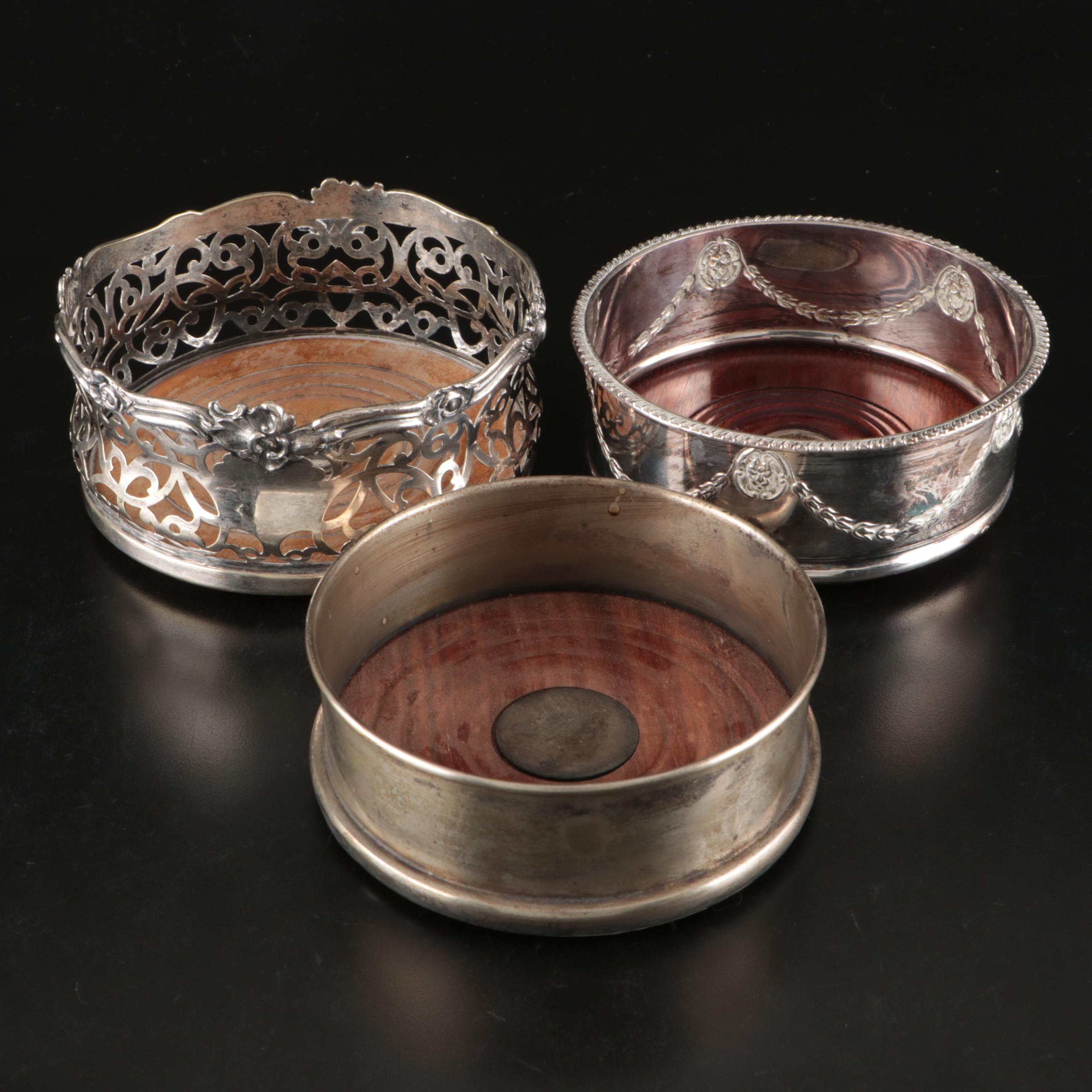 Art Nouveau Style Silver Plate Reticulated and Other Wine Bottle Coasters