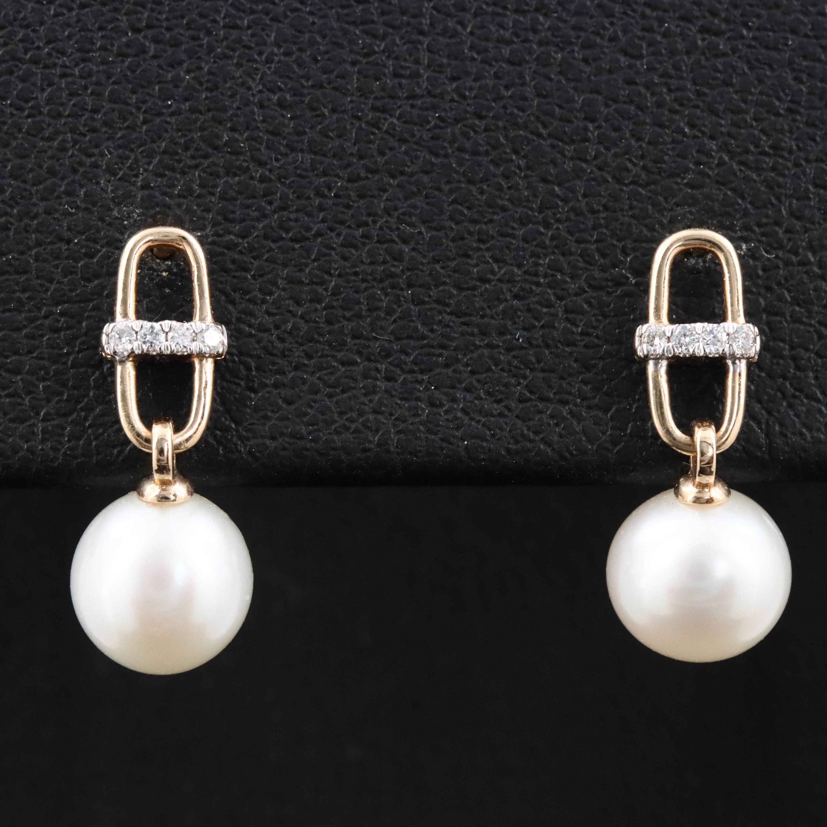 14K Pearl and Diamond Drop Earrings