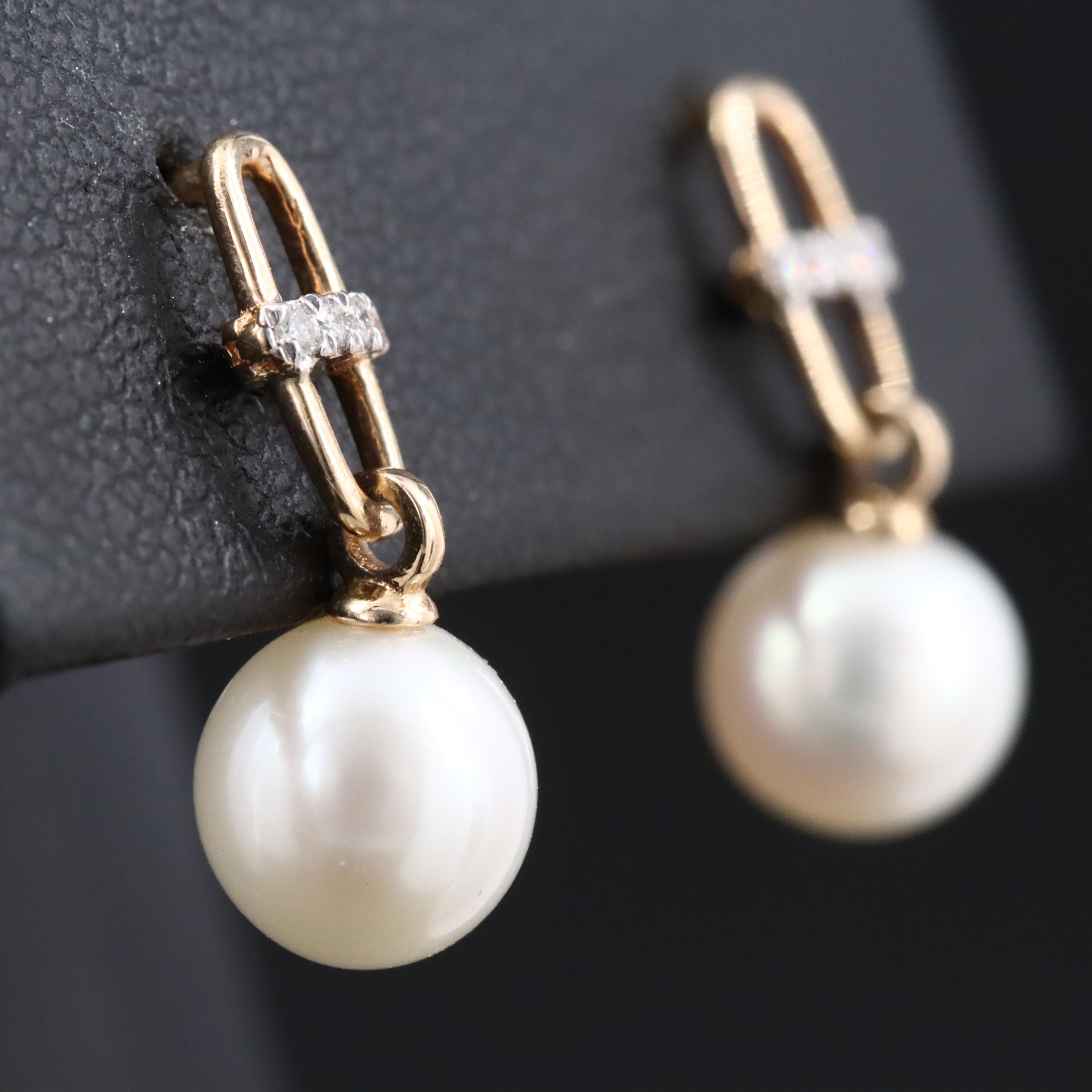 14K Pearl and Diamond Drop Earrings