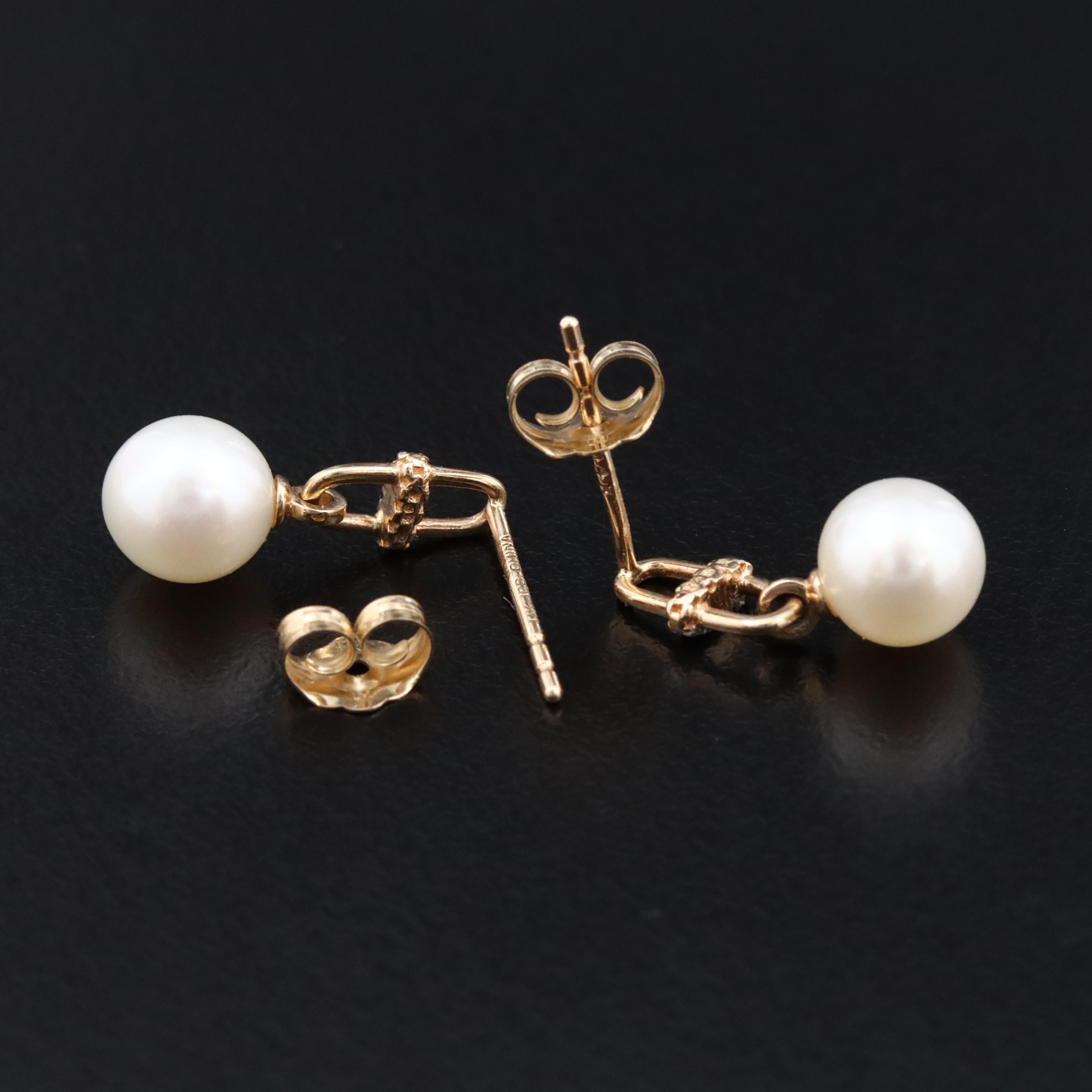 14K Pearl and Diamond Drop Earrings