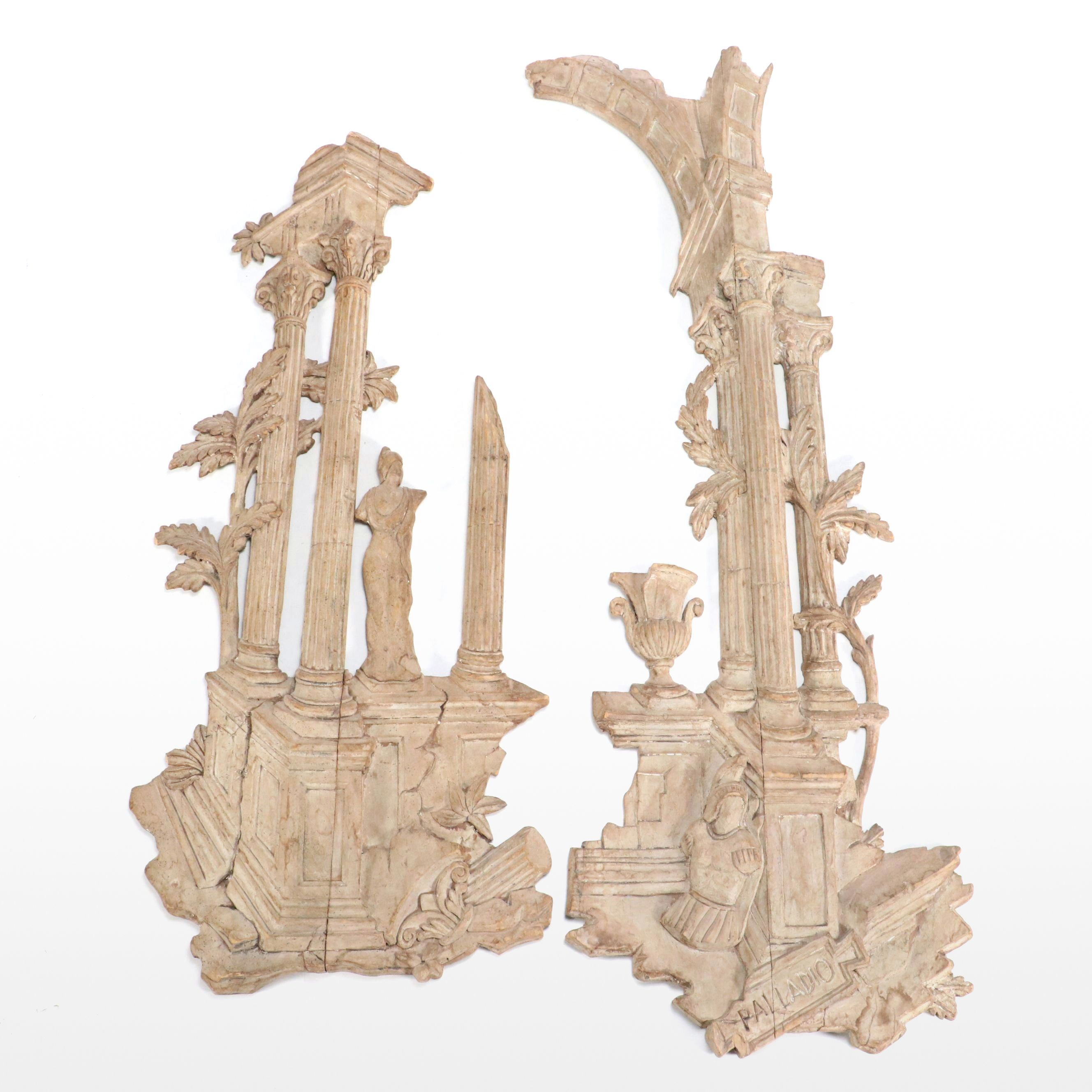 Palladio Carved Wood Roman Ruins Wall Plaques, 20th Century