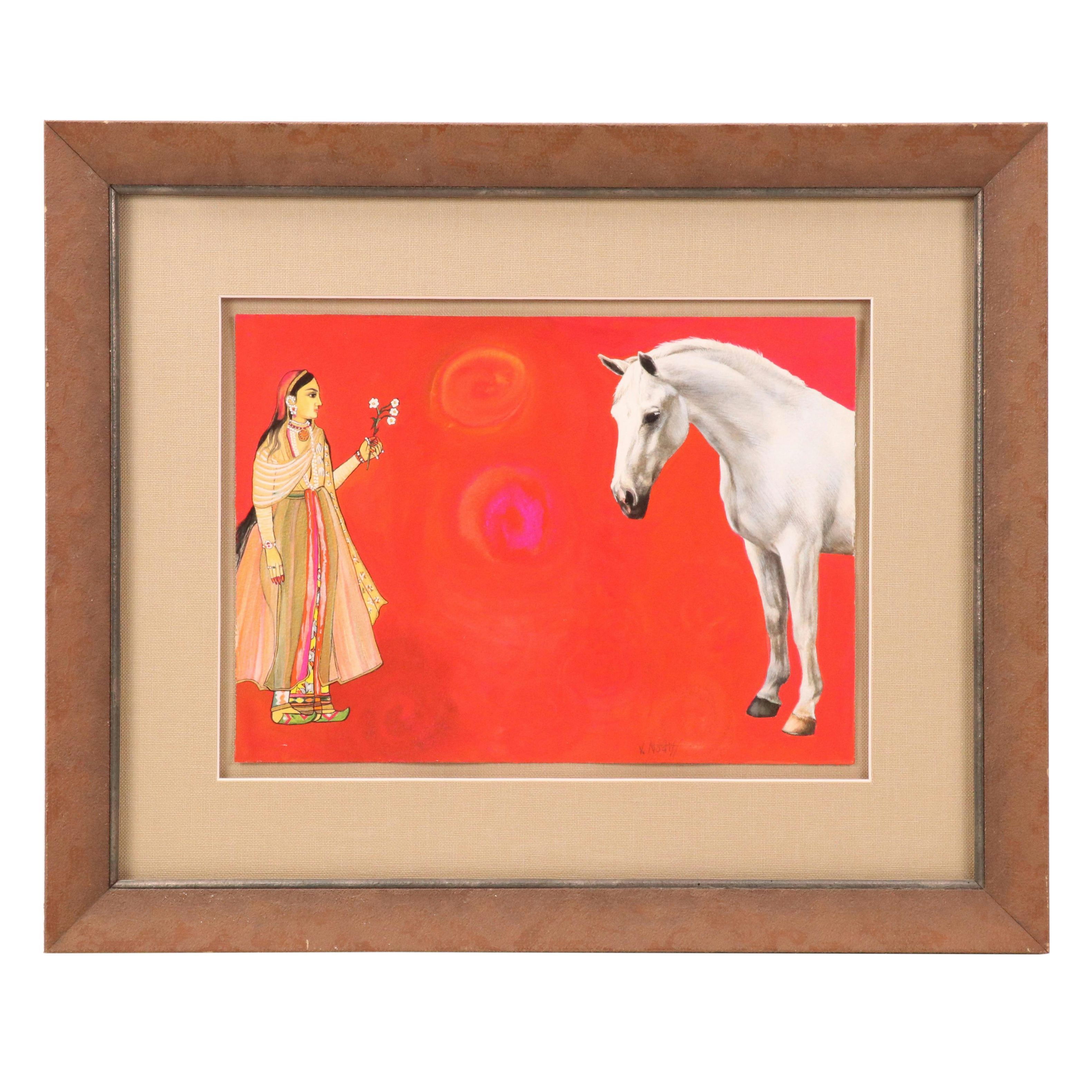Victoria Nodiff-Netanel Watercolor Painting of Indian Woman and Horse