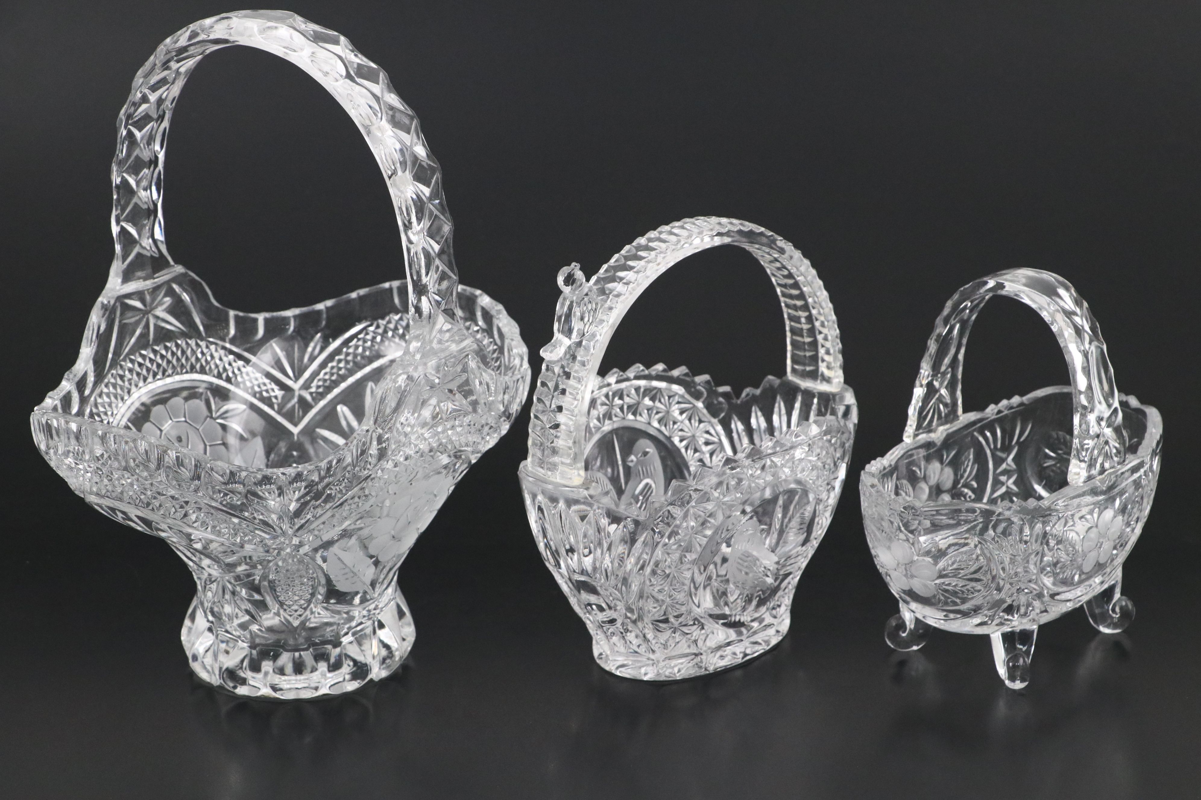 Hofbauer Crystal "The Byrdes" with Other Basket Vases, Mid to Late 20th Century