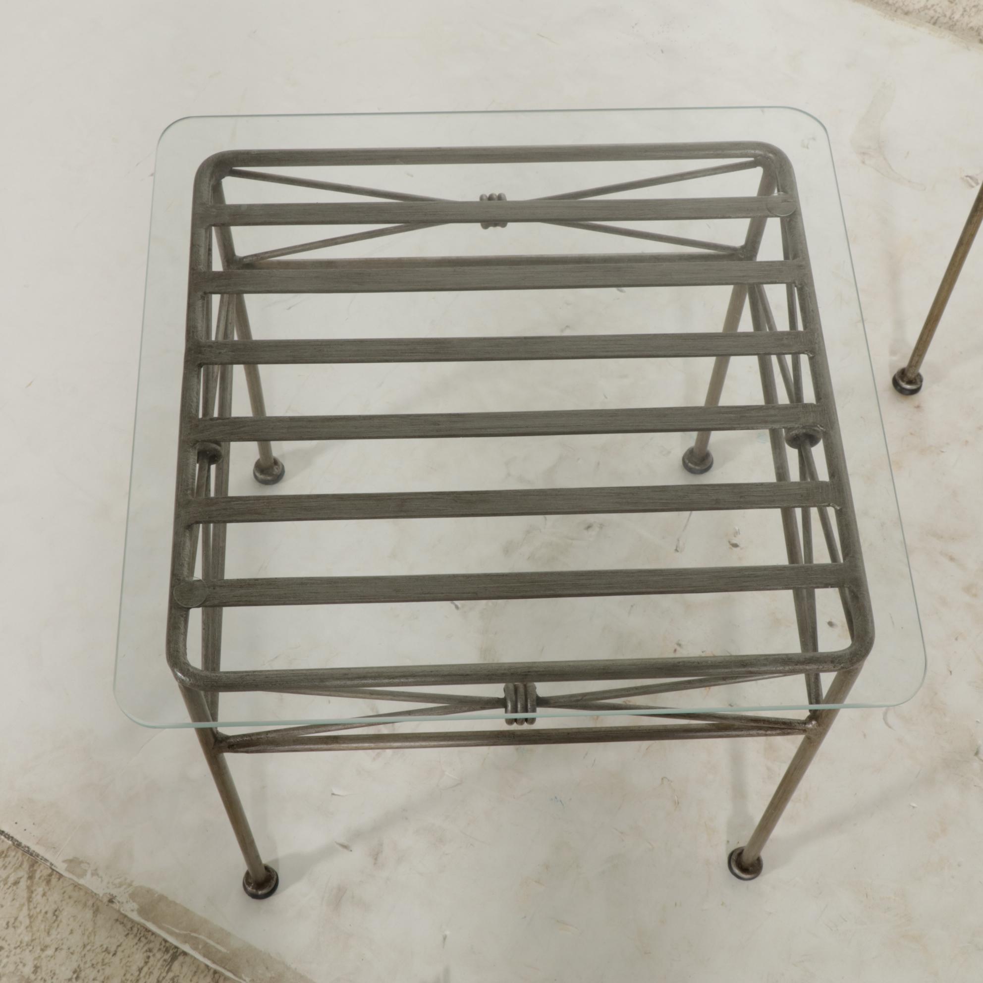 Glass Top Metal Patio Accent Tables, Pair