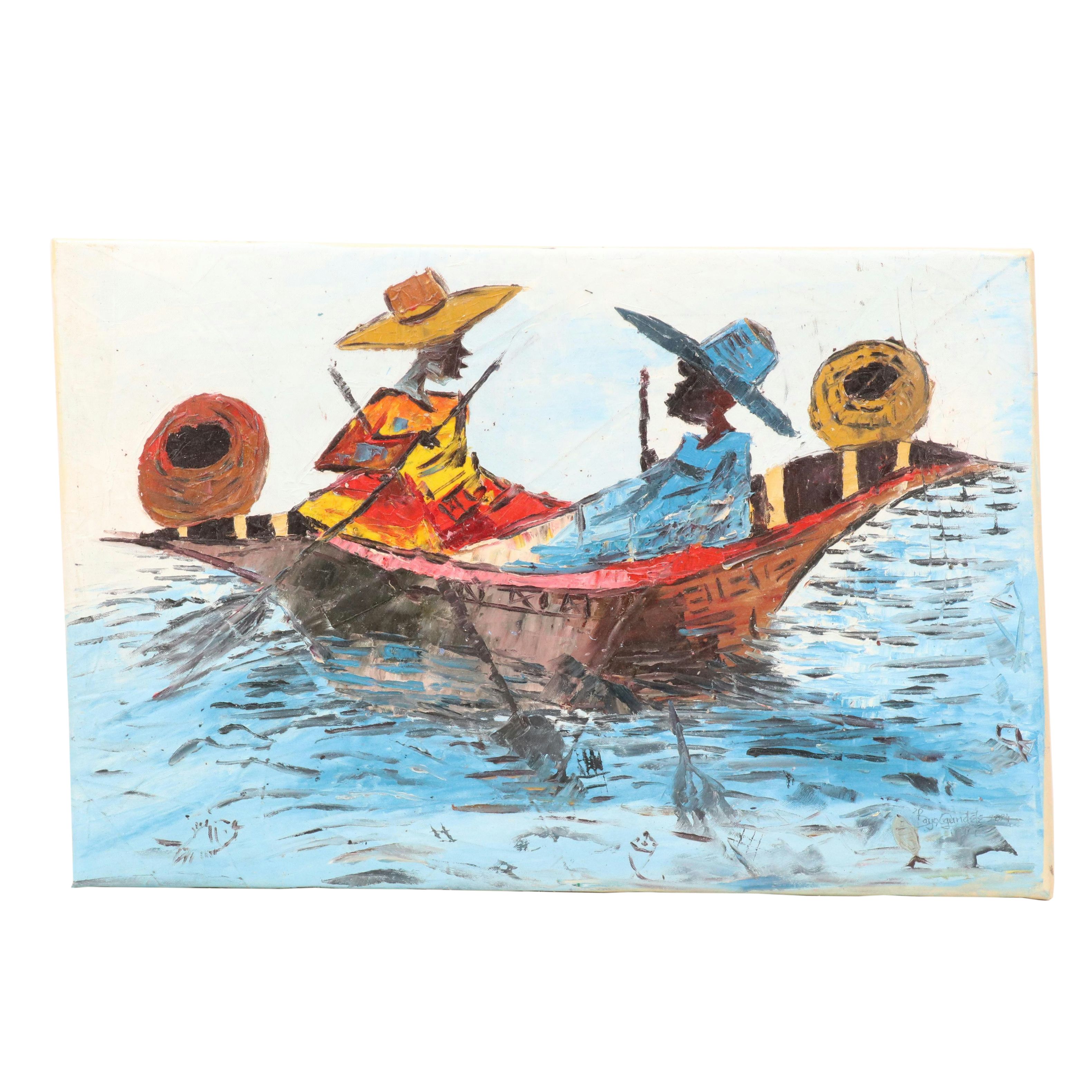 Bayo Ogundele Stylized Figural Oil Painting "Voyagers," 2024