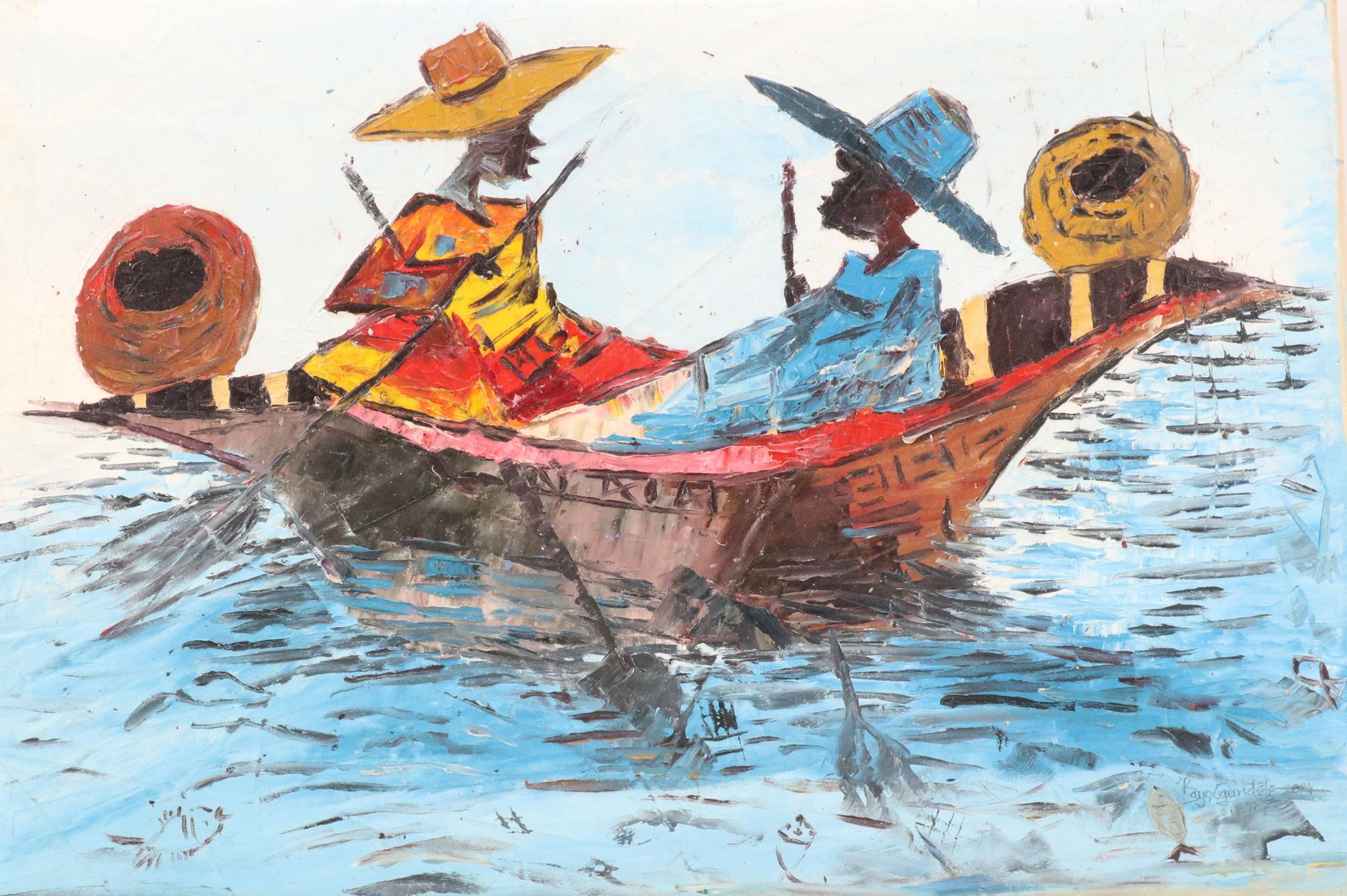 Bayo Ogundele Stylized Figural Oil Painting "Voyagers," 2024