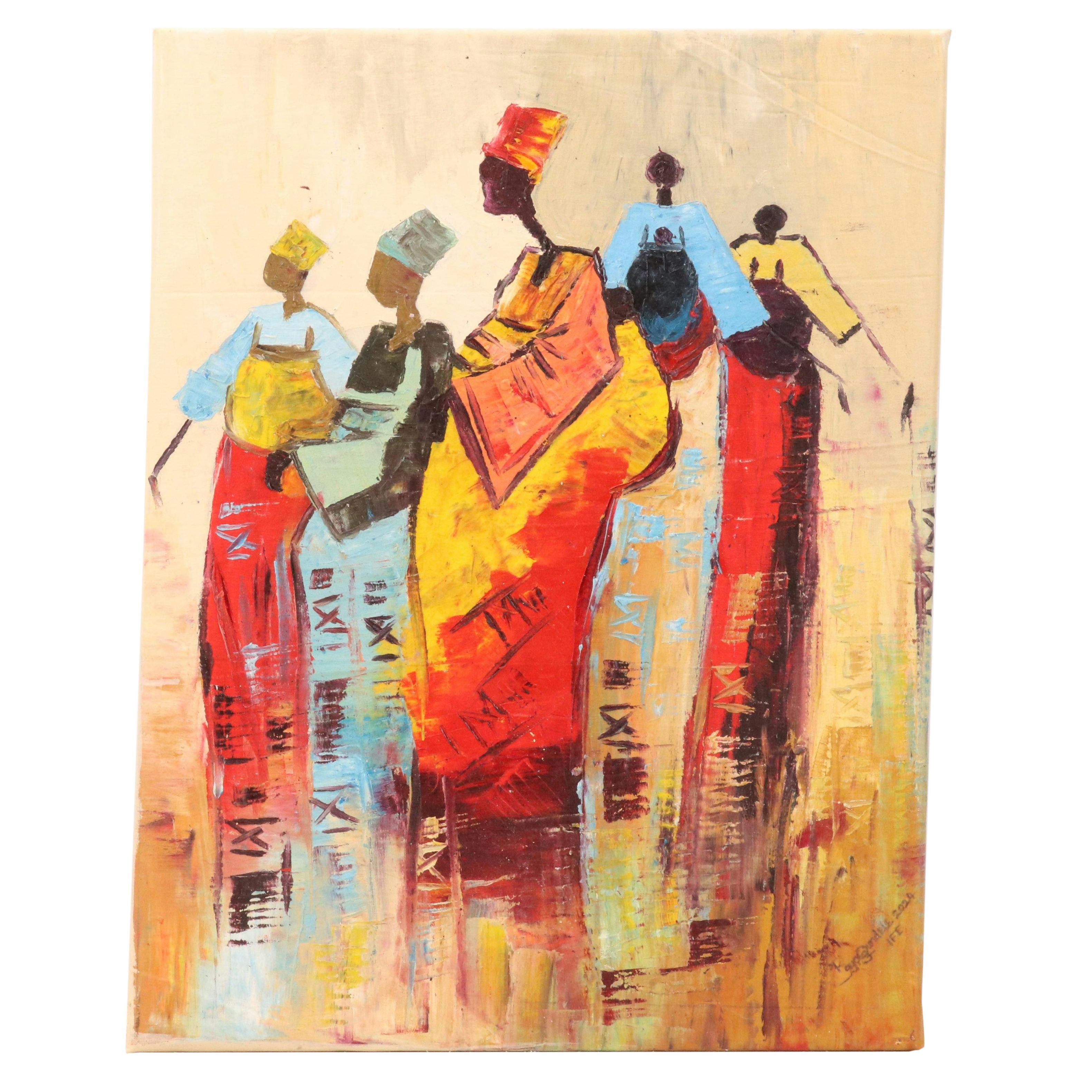 Bayo Ogundele Stylized Figural Oil Painting "Meeting Together," 2024