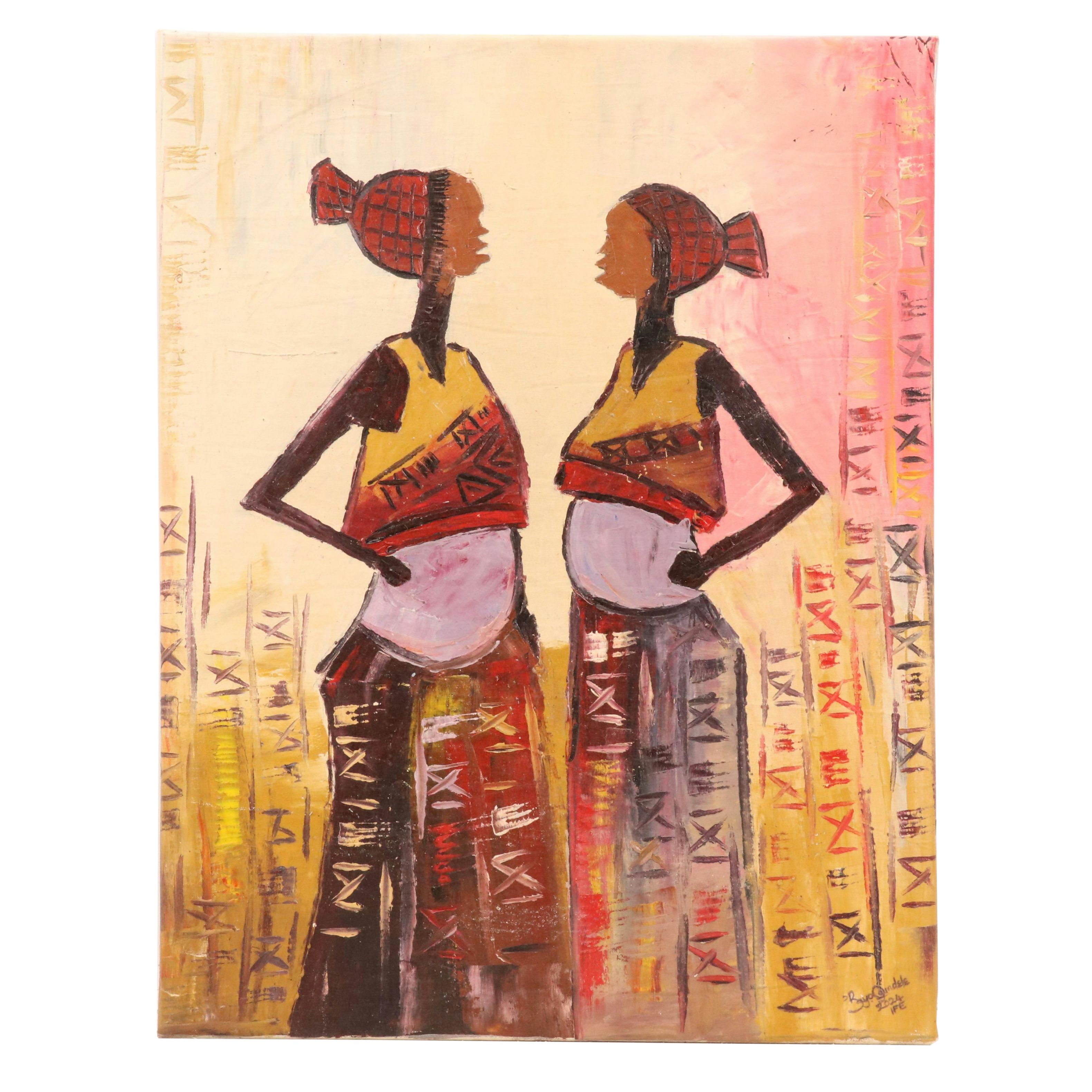 Bayo Ogundele Stylized Figural Oil Painting "Tee-a-Tee," 2024