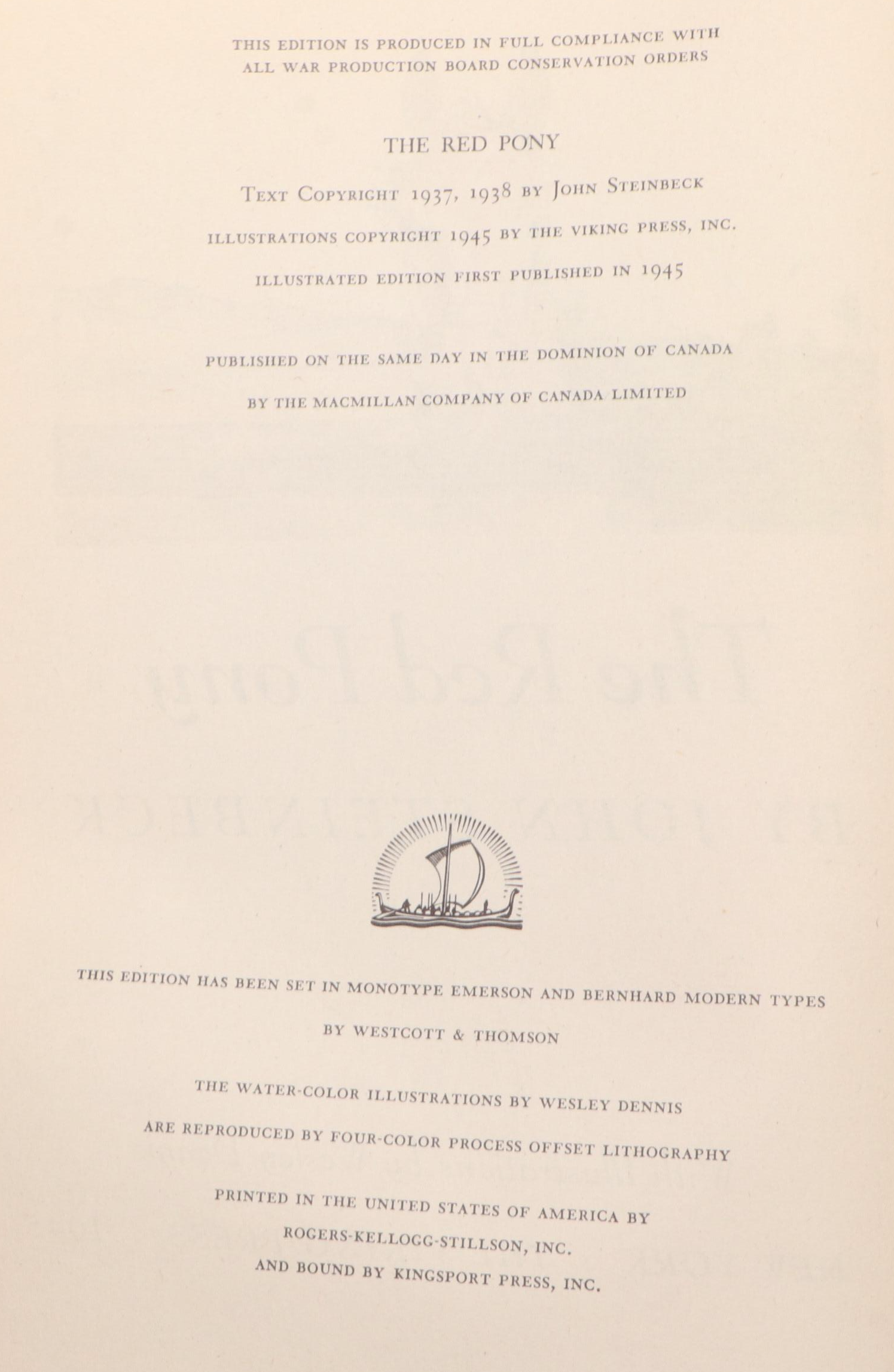 First Illustrated Edition "The Red Pony" by John Steinbeck, 1945