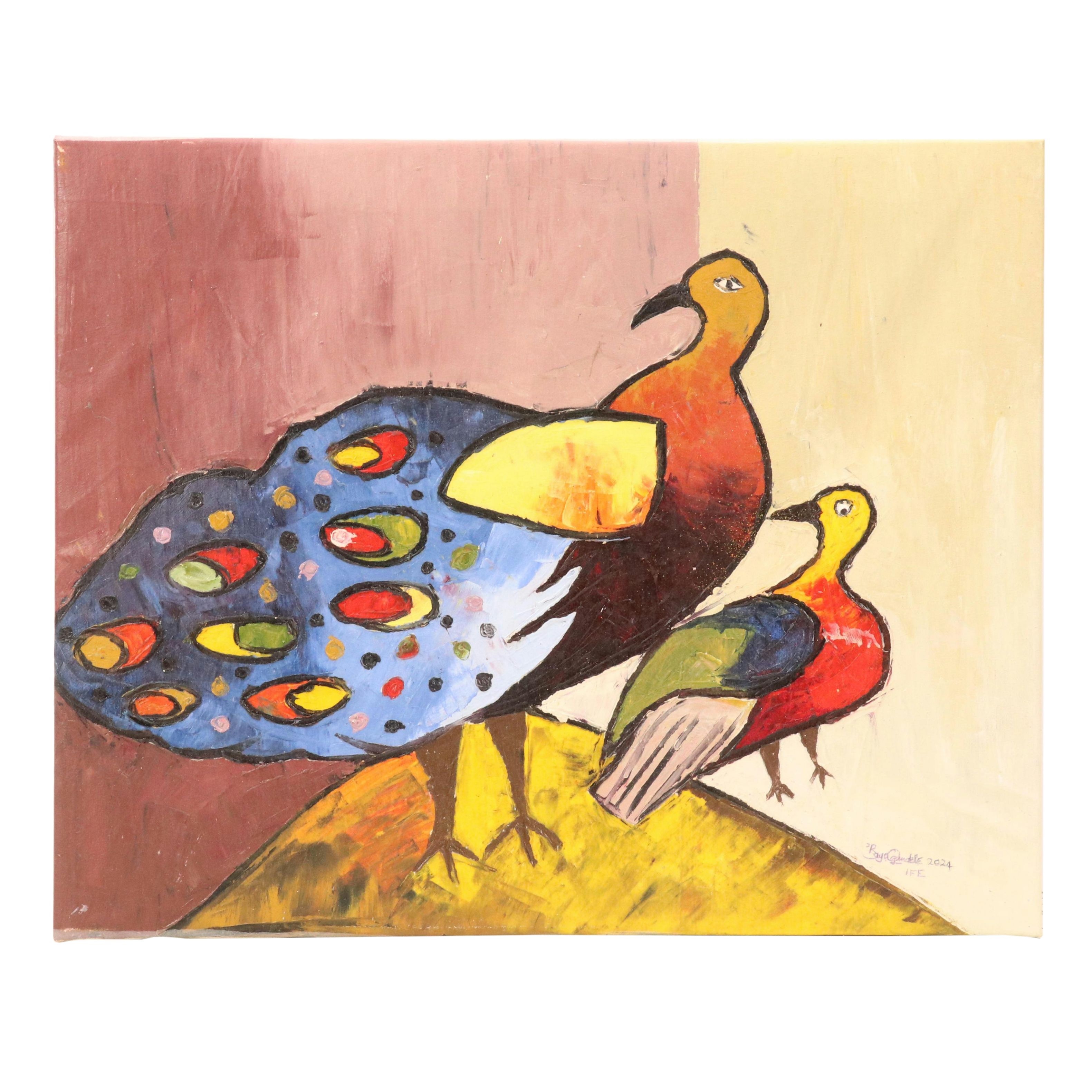 Bayo Ogundele Stylized Figural Oil Painting of Peacock, 2024