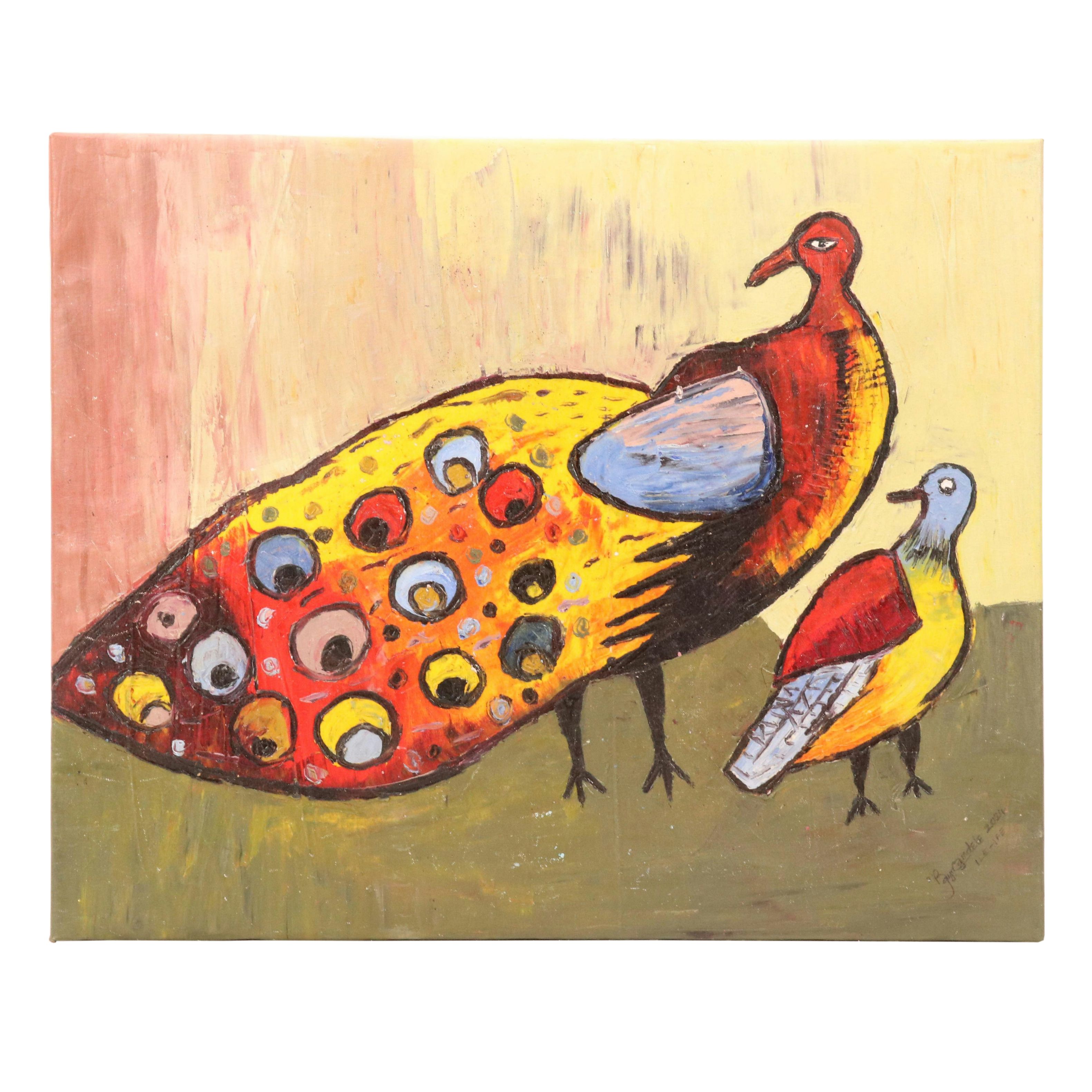 Bayo Ogundele Stylized Oil Painting of Peacock, 2024