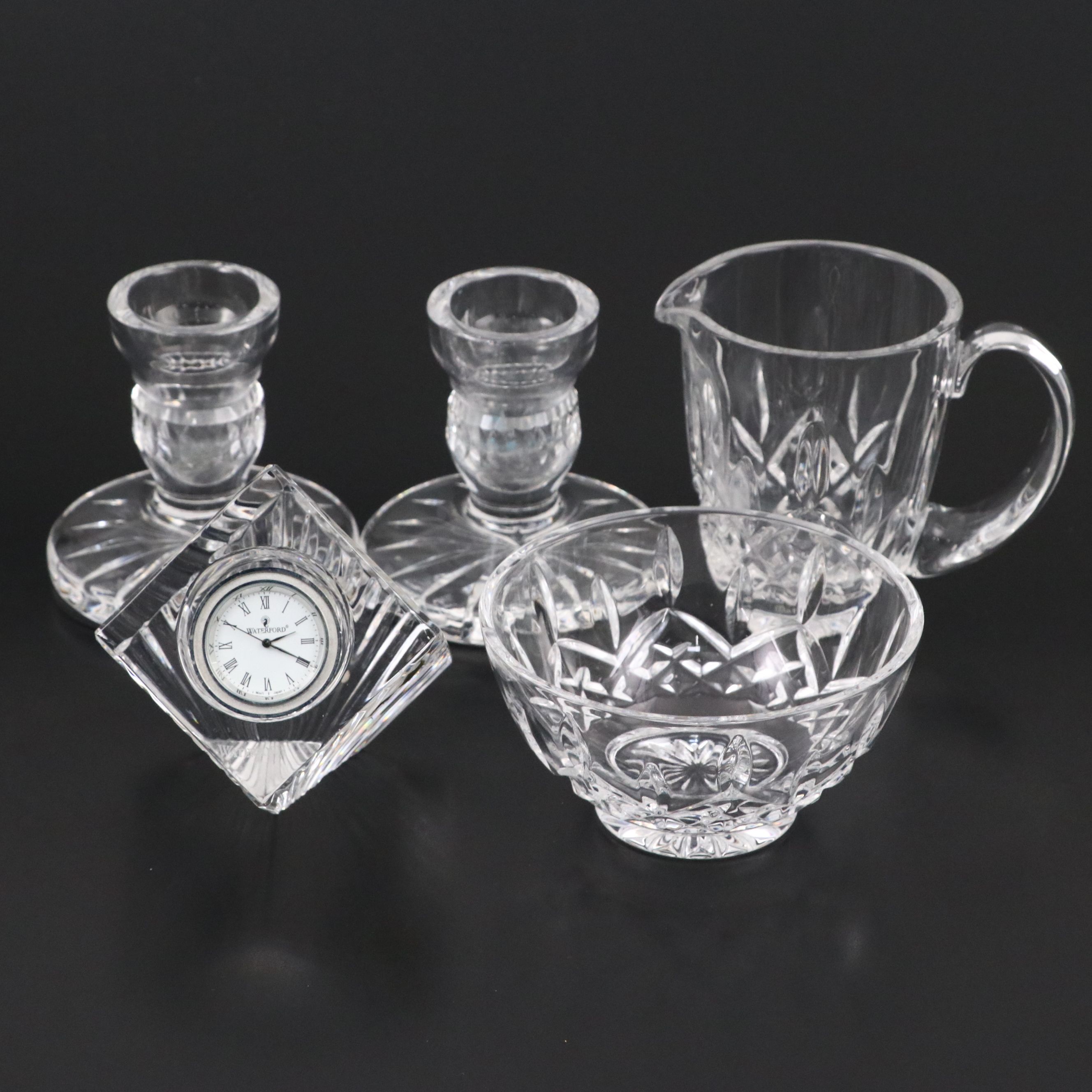 Waterford Crystal "Lismore" Creamer and Sugar with Desk Clock and Candlesticks