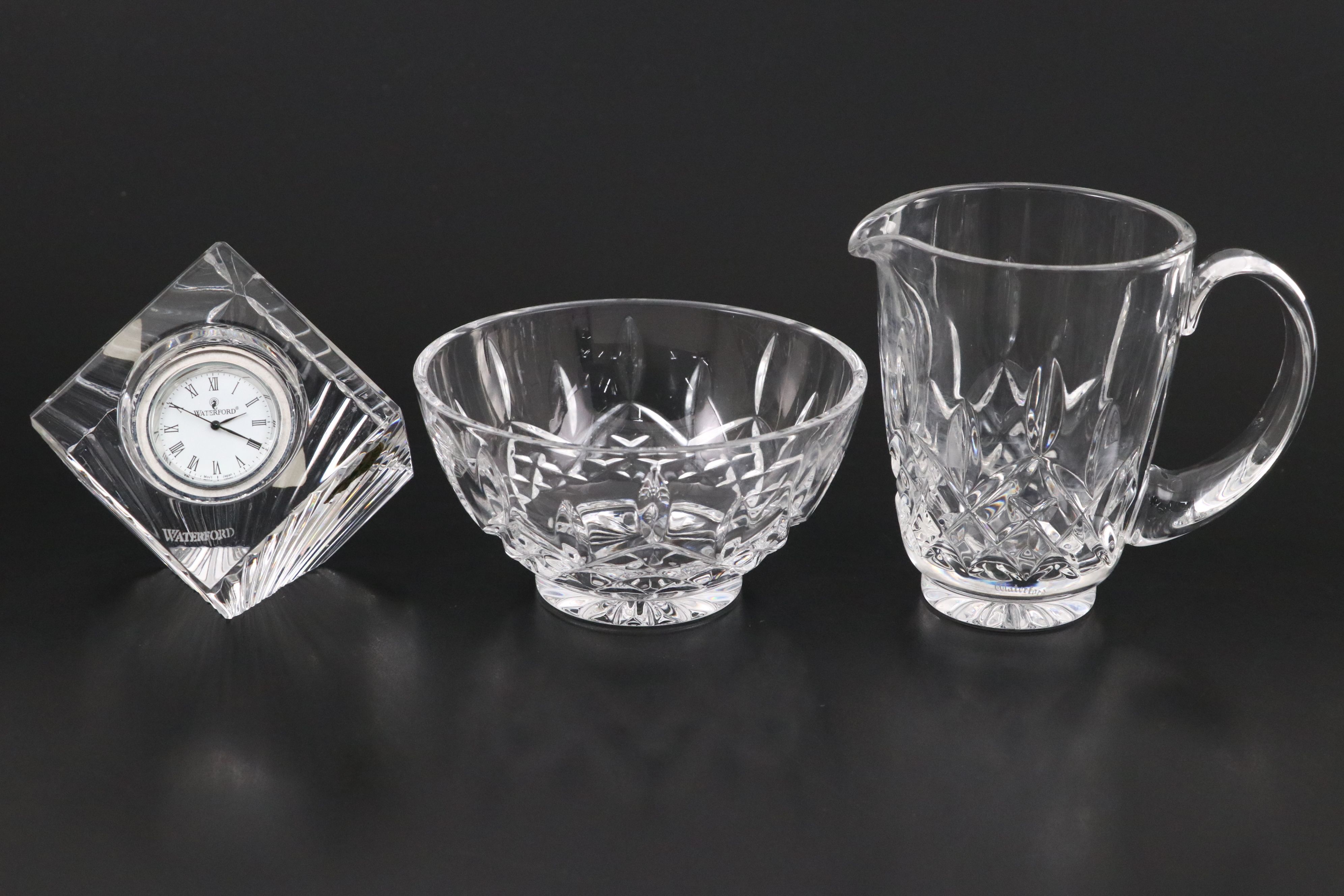 Waterford Crystal "Lismore" Creamer and Sugar with Desk Clock and Candlesticks