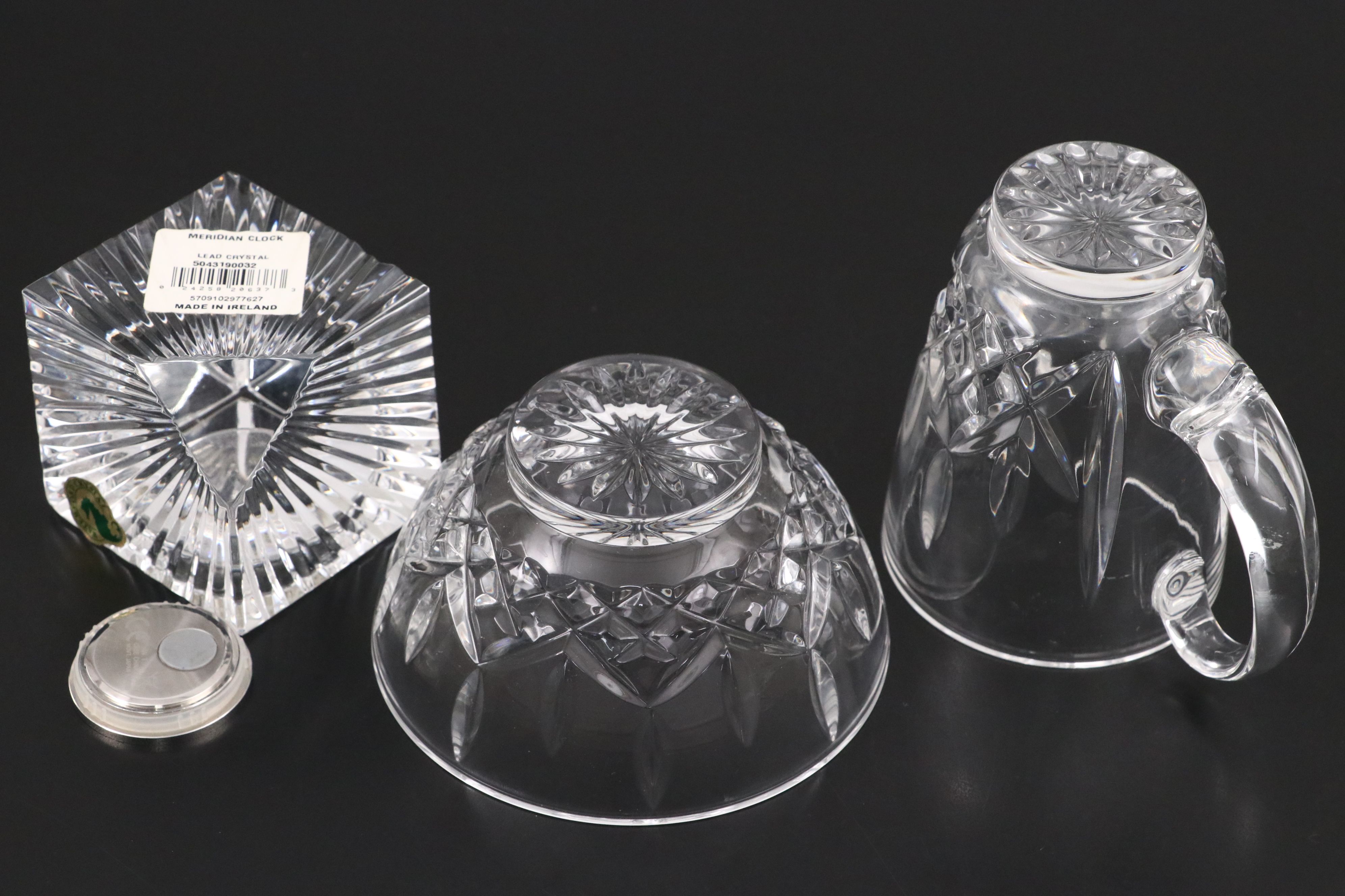 Waterford Crystal "Lismore" Creamer and Sugar with Desk Clock and Candlesticks