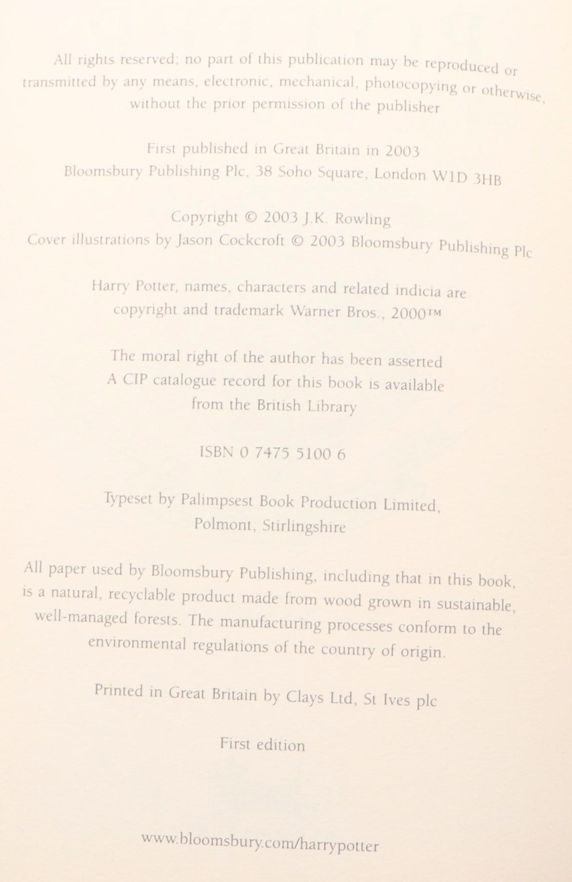 First UK Edition "Harry Potter and the Order of the Phoenix" by J. K. Rowling