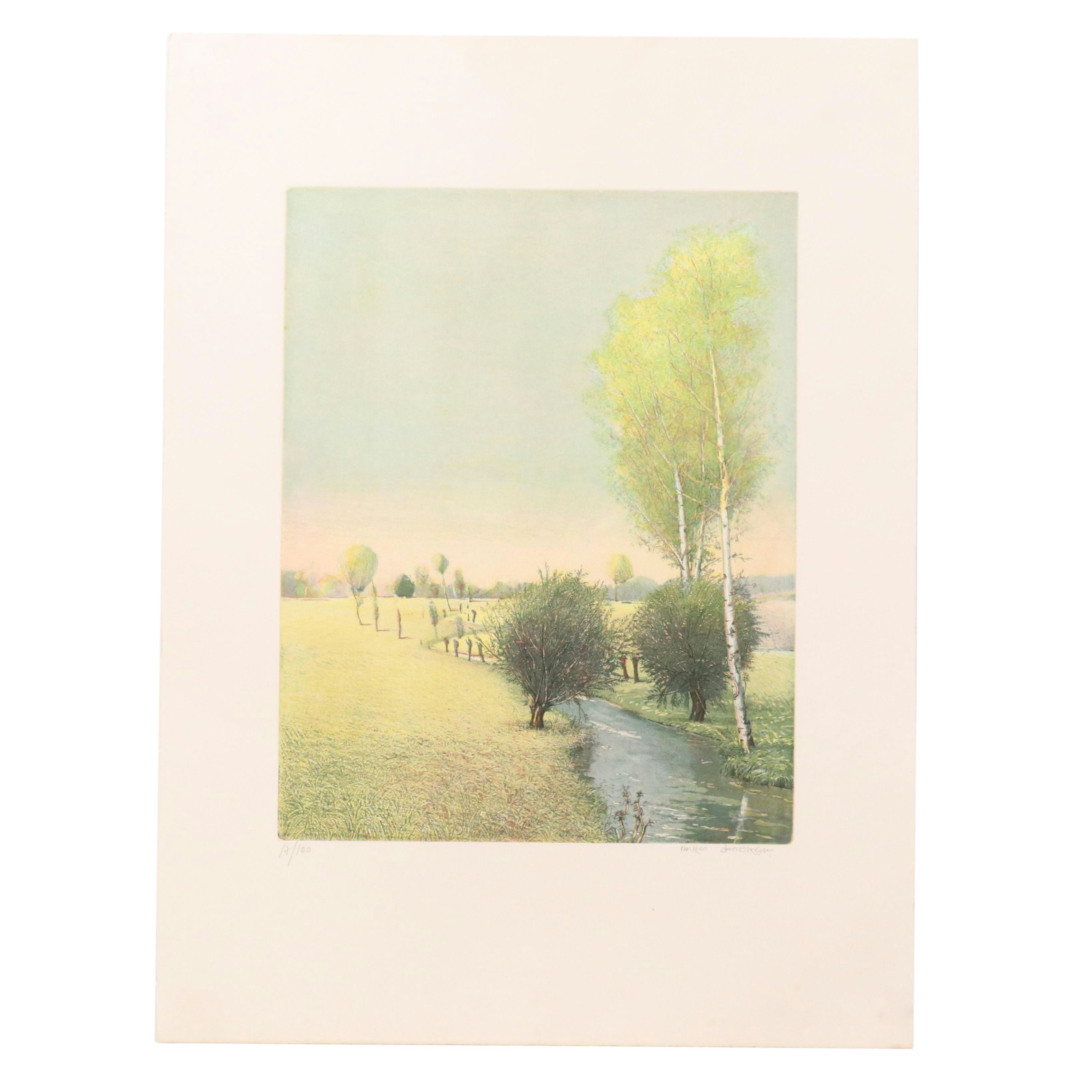 Marco Zambrelli Multiplate Soft Wax Aquatint Etching "Landscape with a Brook"