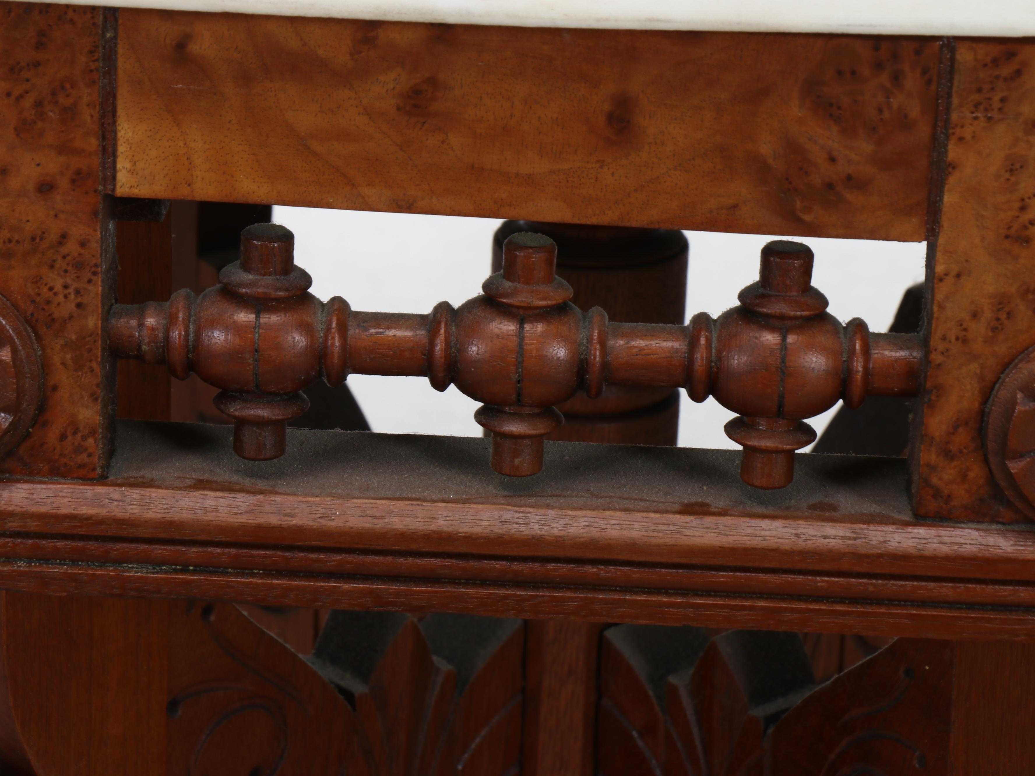 Victorian Eastlake Marble Top Walnut and Burl Wood Parlor Table