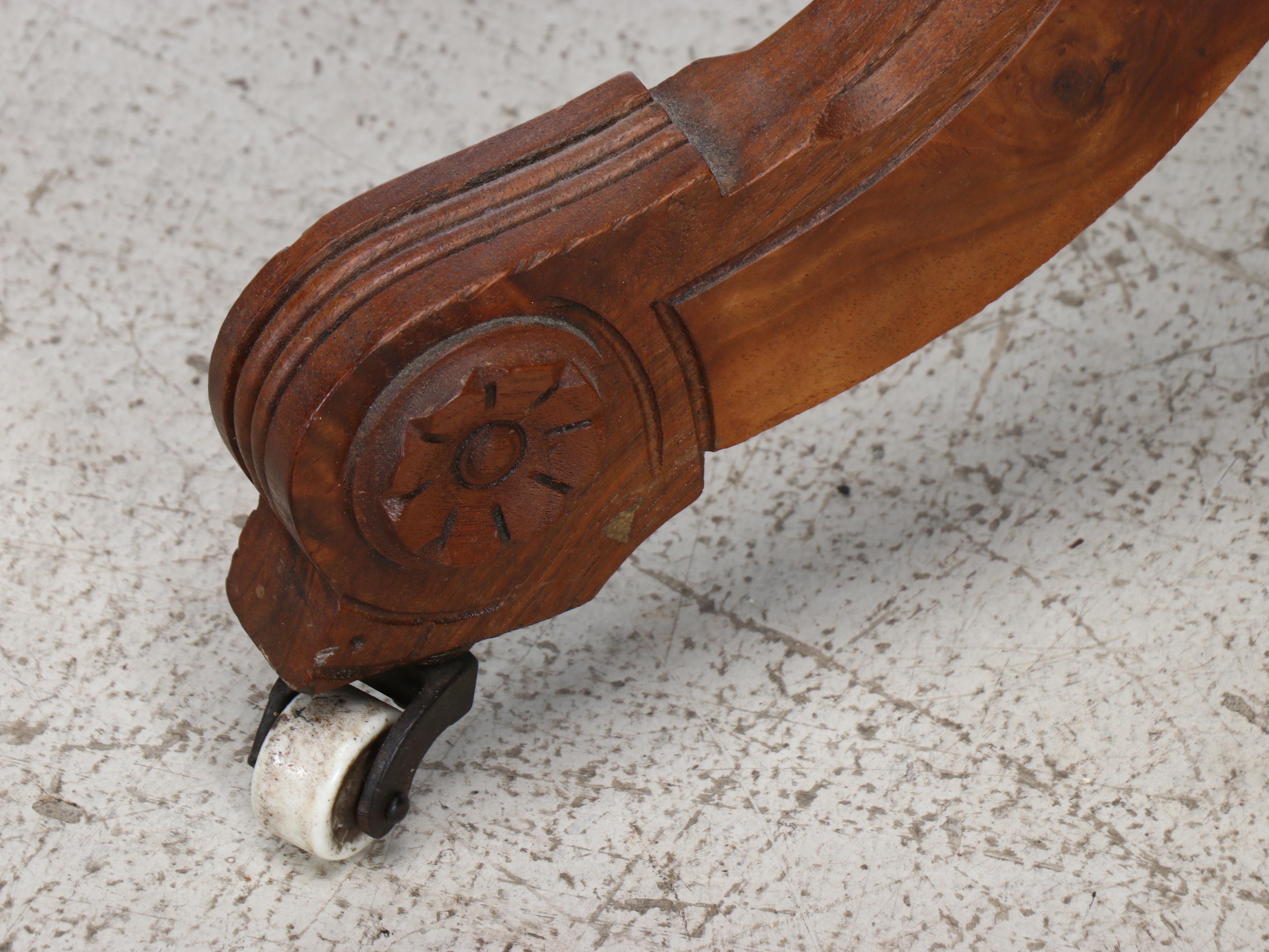 Victorian Eastlake Marble Top Walnut and Burl Wood Parlor Table