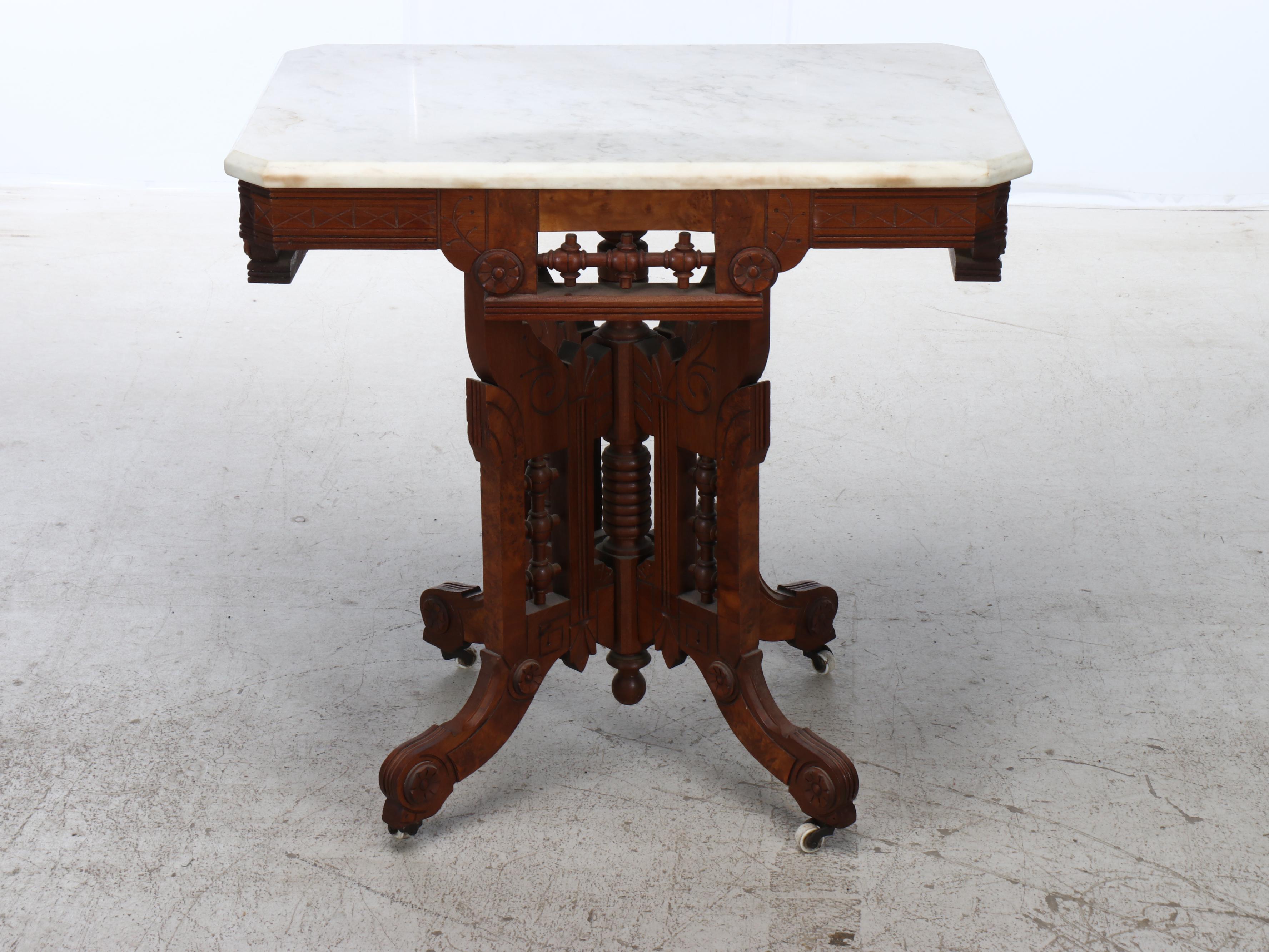 Victorian Eastlake Marble Top Walnut and Burl Wood Parlor Table