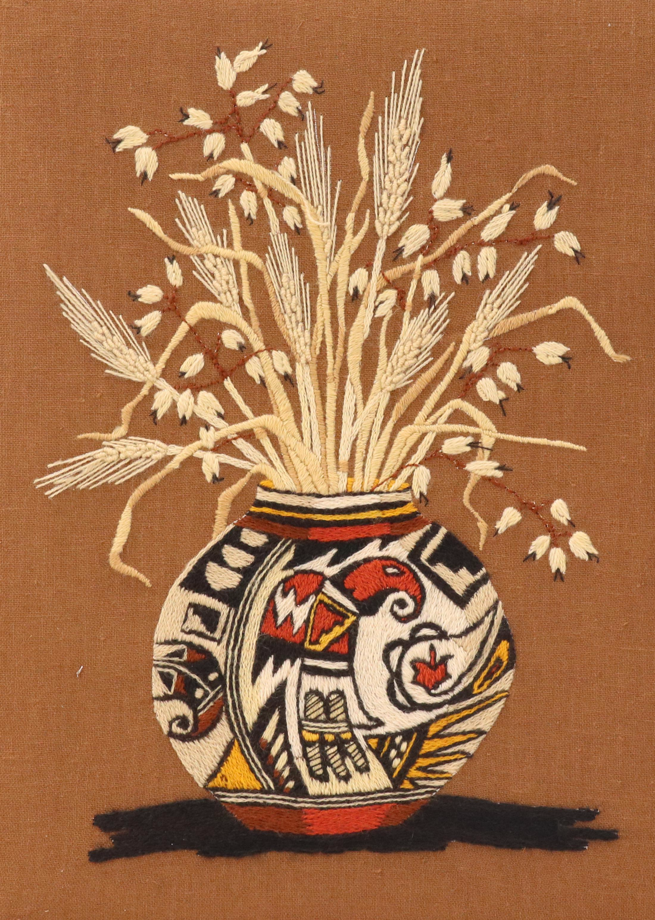 Handmade Crewel Embroidery of Panel Native American Olla with Dried Grasses