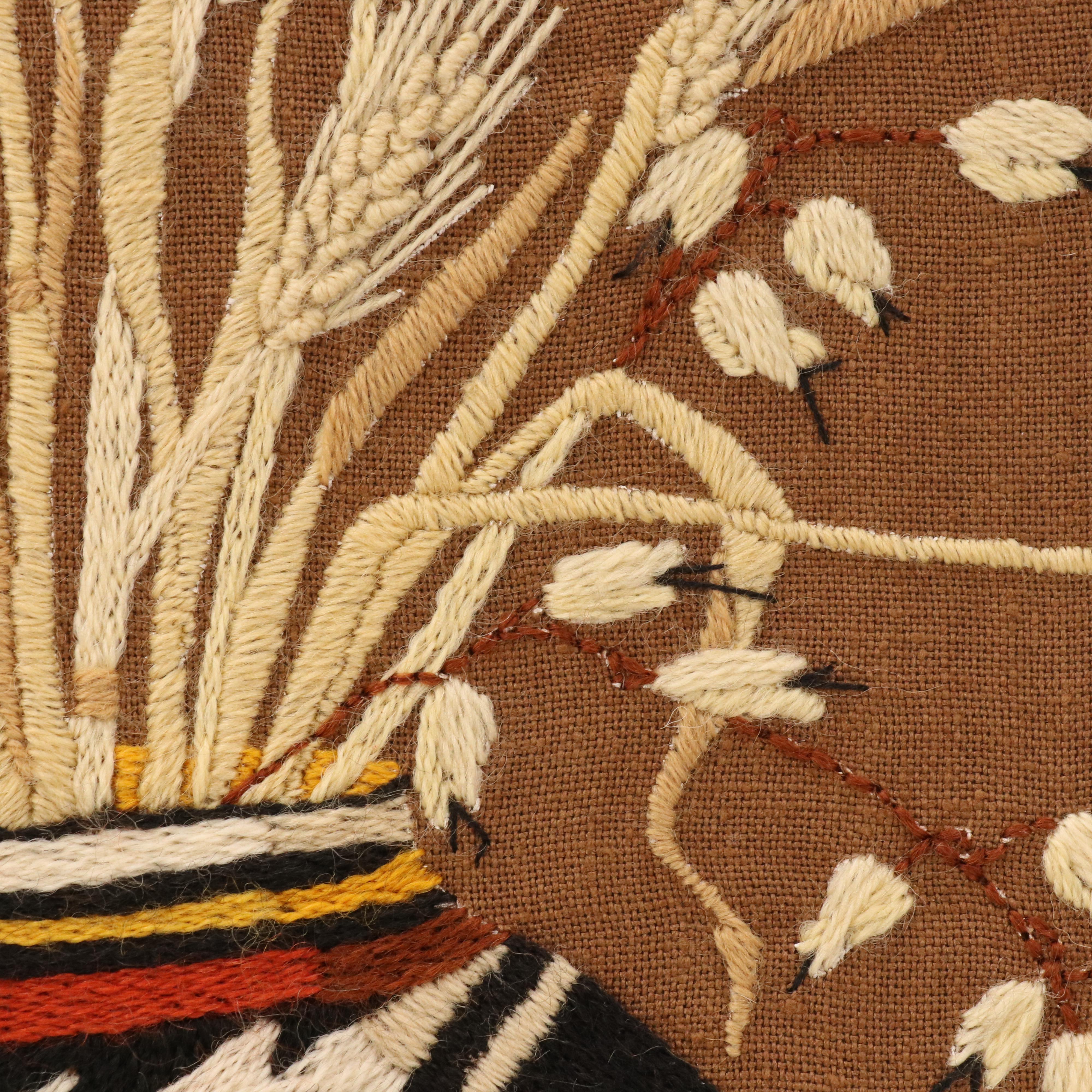 Handmade Crewel Embroidery of Panel Native American Olla with Dried Grasses
