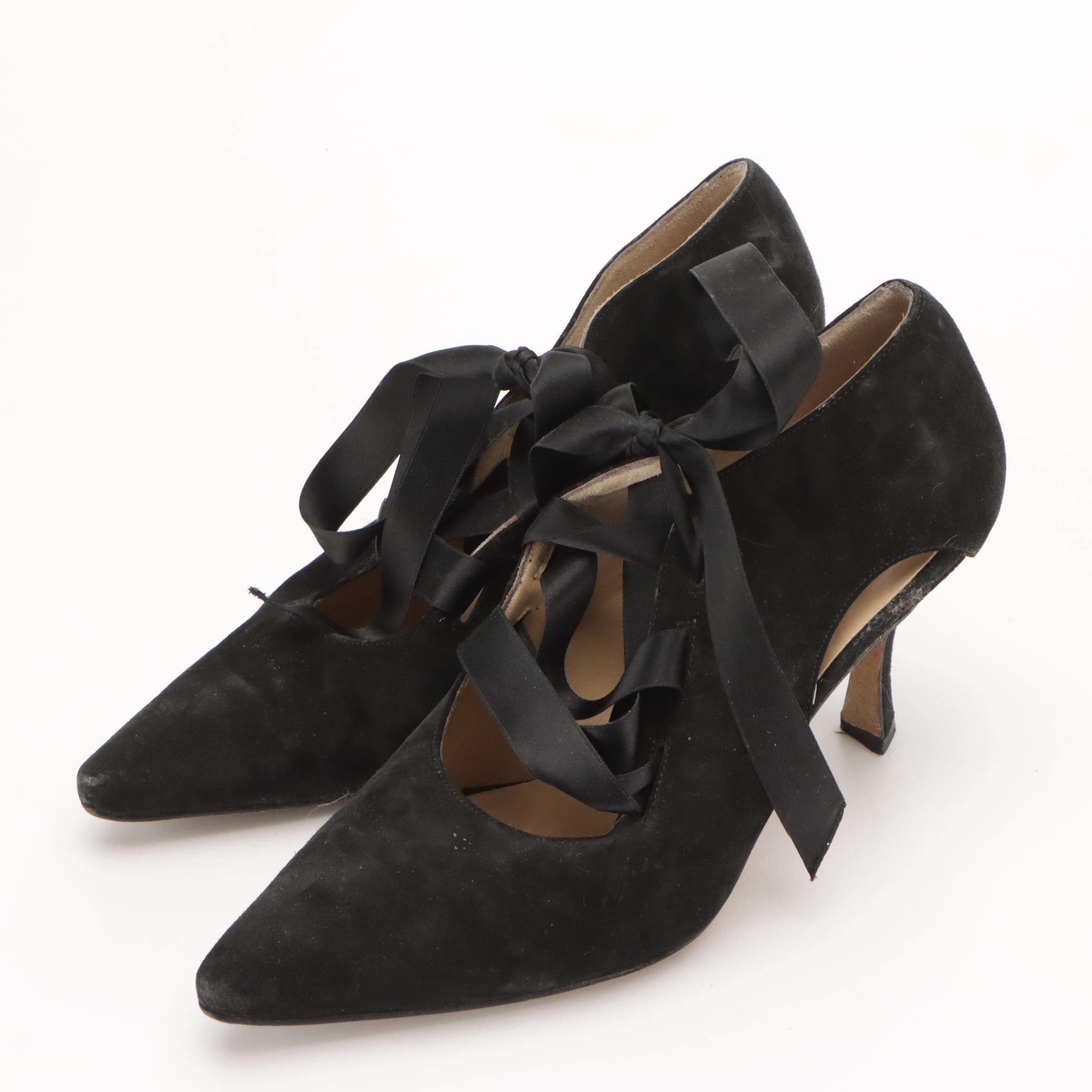 Manolo Blahnik Ribbon Lace-Up and Criss Cross Pointed-Toe Pumps in Black Suede