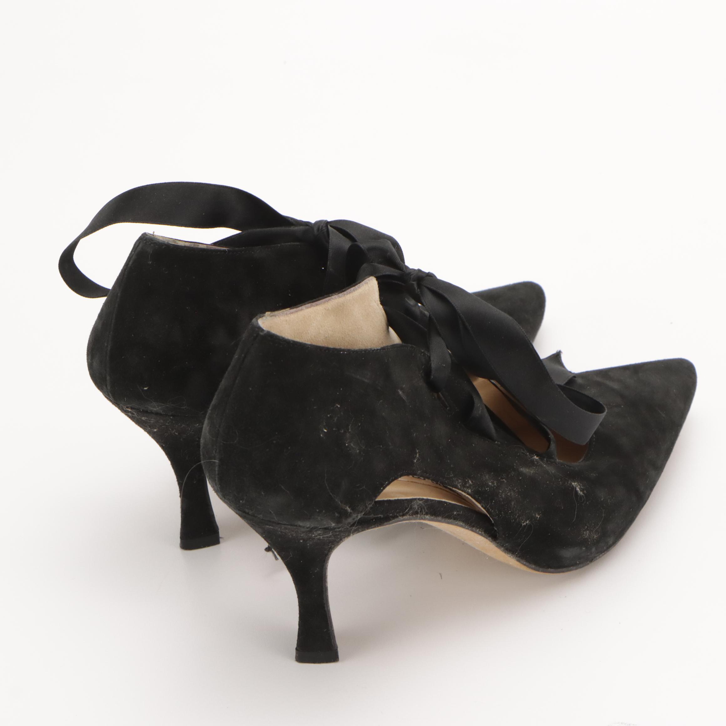 Manolo Blahnik Ribbon Lace-Up and Criss Cross Pointed-Toe Pumps in Black Suede