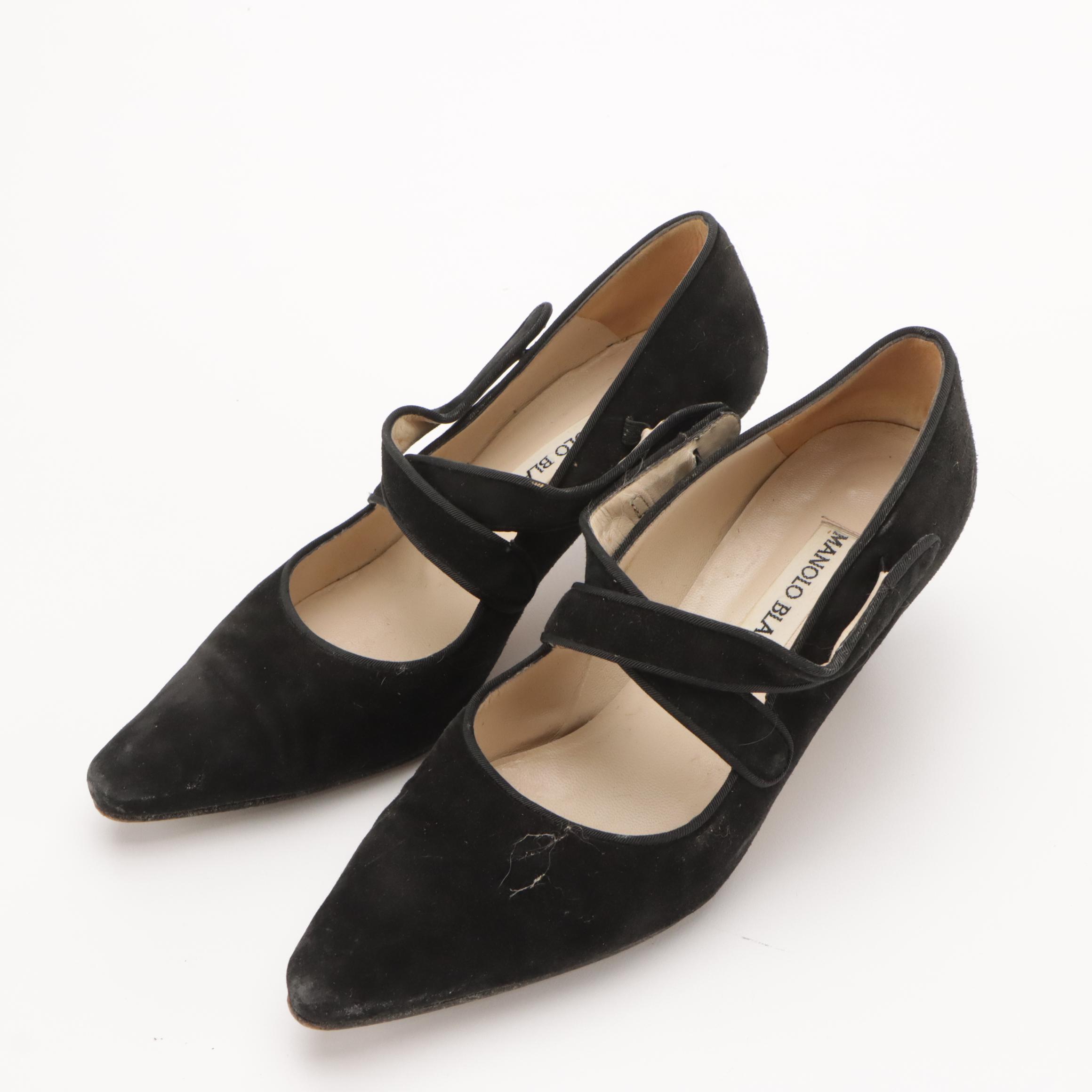 Manolo Blahnik Ribbon Lace-Up and Criss Cross Pointed-Toe Pumps in Black Suede