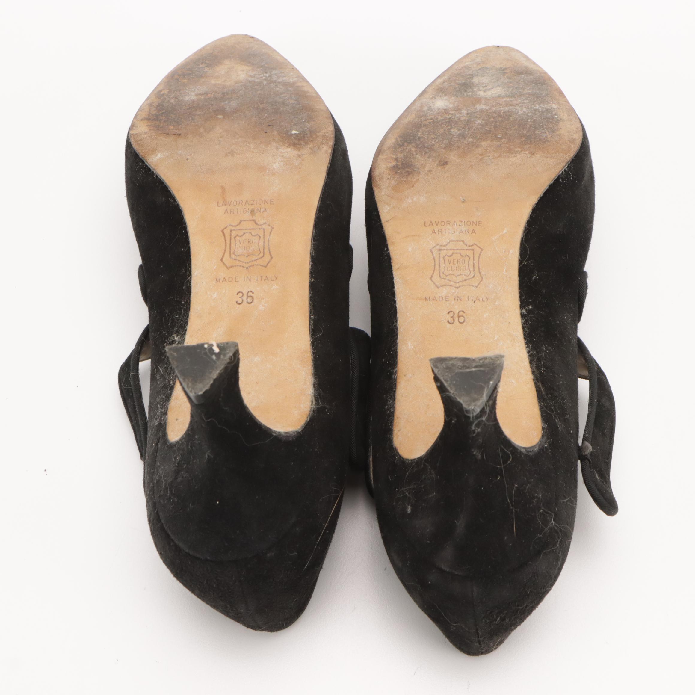 Manolo Blahnik Ribbon Lace-Up and Criss Cross Pointed-Toe Pumps in Black Suede