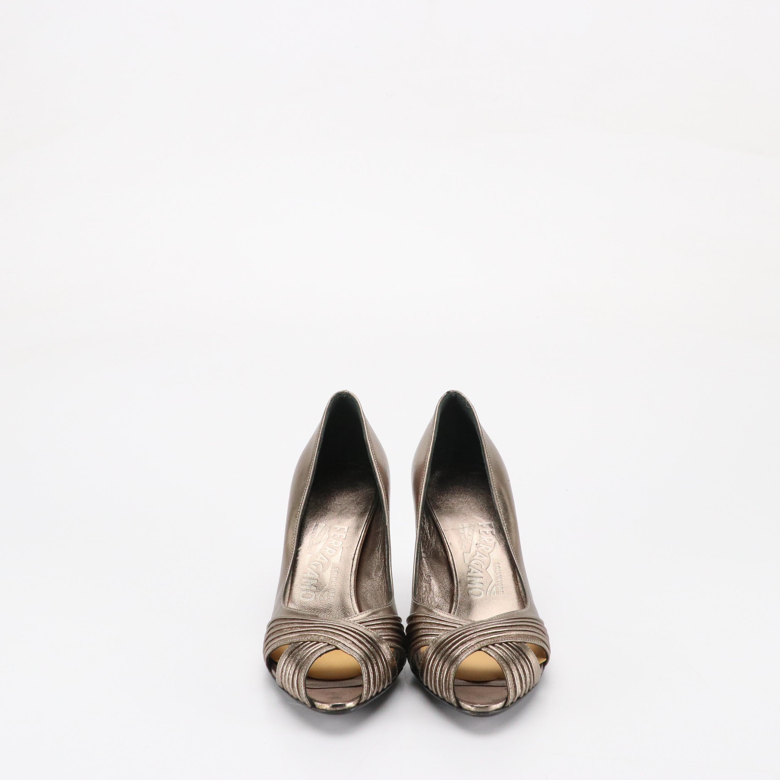 Salvatore Ferragamo Leather Platform Peep-Toe Pumps and Metallic Leather Pumps