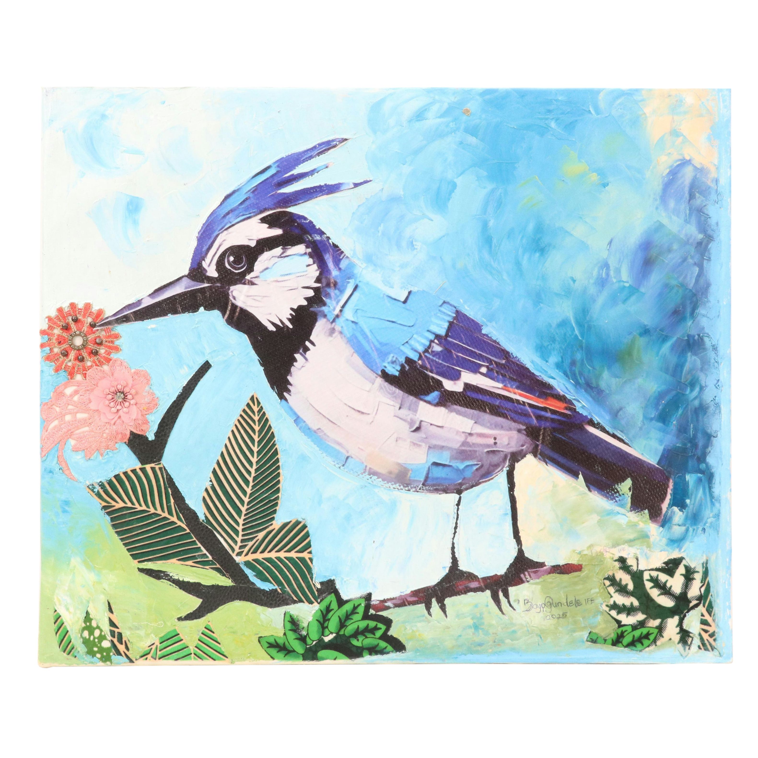 Bayo Ogundele Stylized Mixed Media Collage of Blue Jay Bird "Eye," 2025