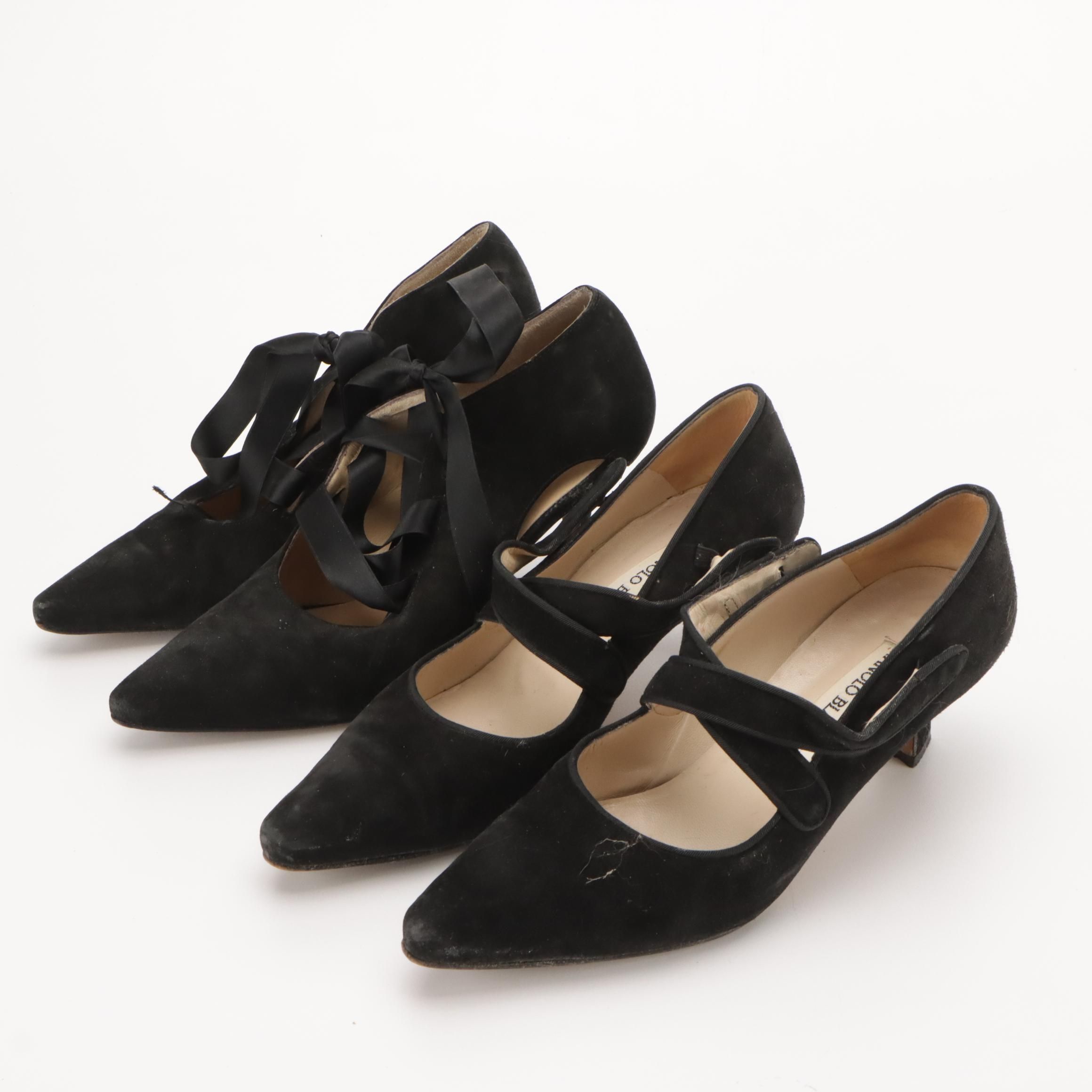 Manolo Blahnik Ribbon Lace-Up and Criss Cross Pointed-Toe Pumps in Black Suede