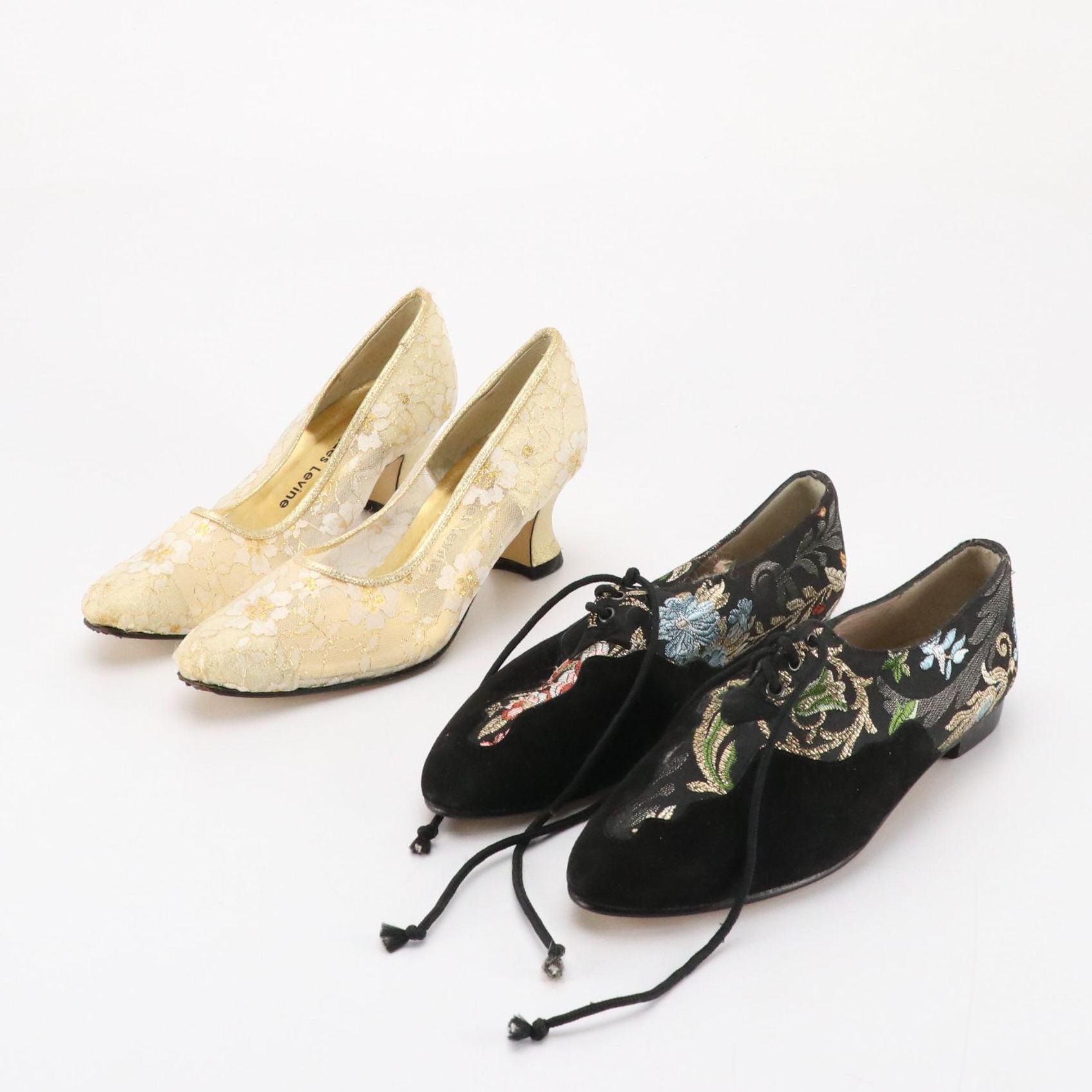Jacques Levine Floral Lace Pumps and Willy Von Rooy Brocade and Suede Lace-Ups
