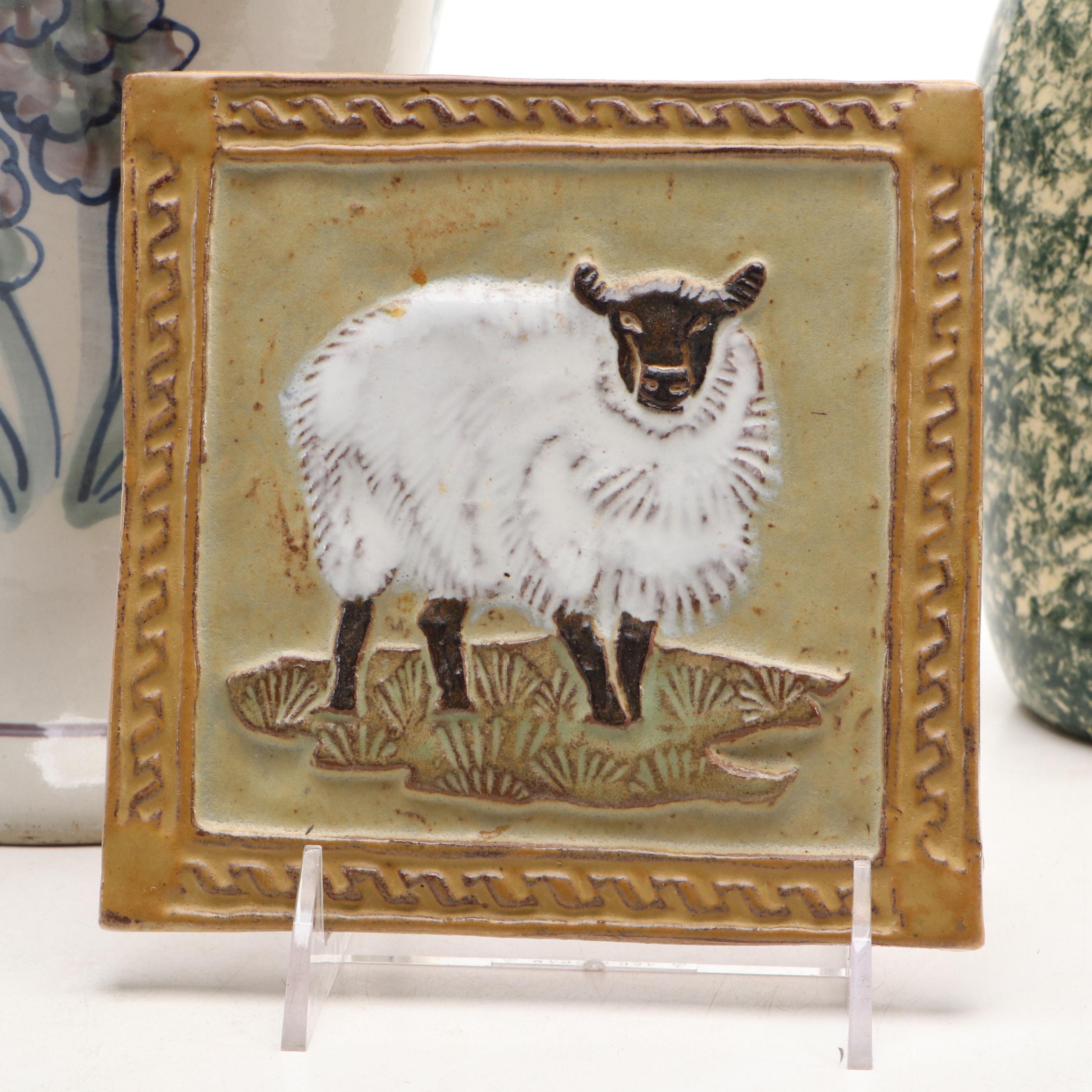 Heaven & Earth Creations Spongeware Cat, Ceramic Sheep Tile, and More Décor