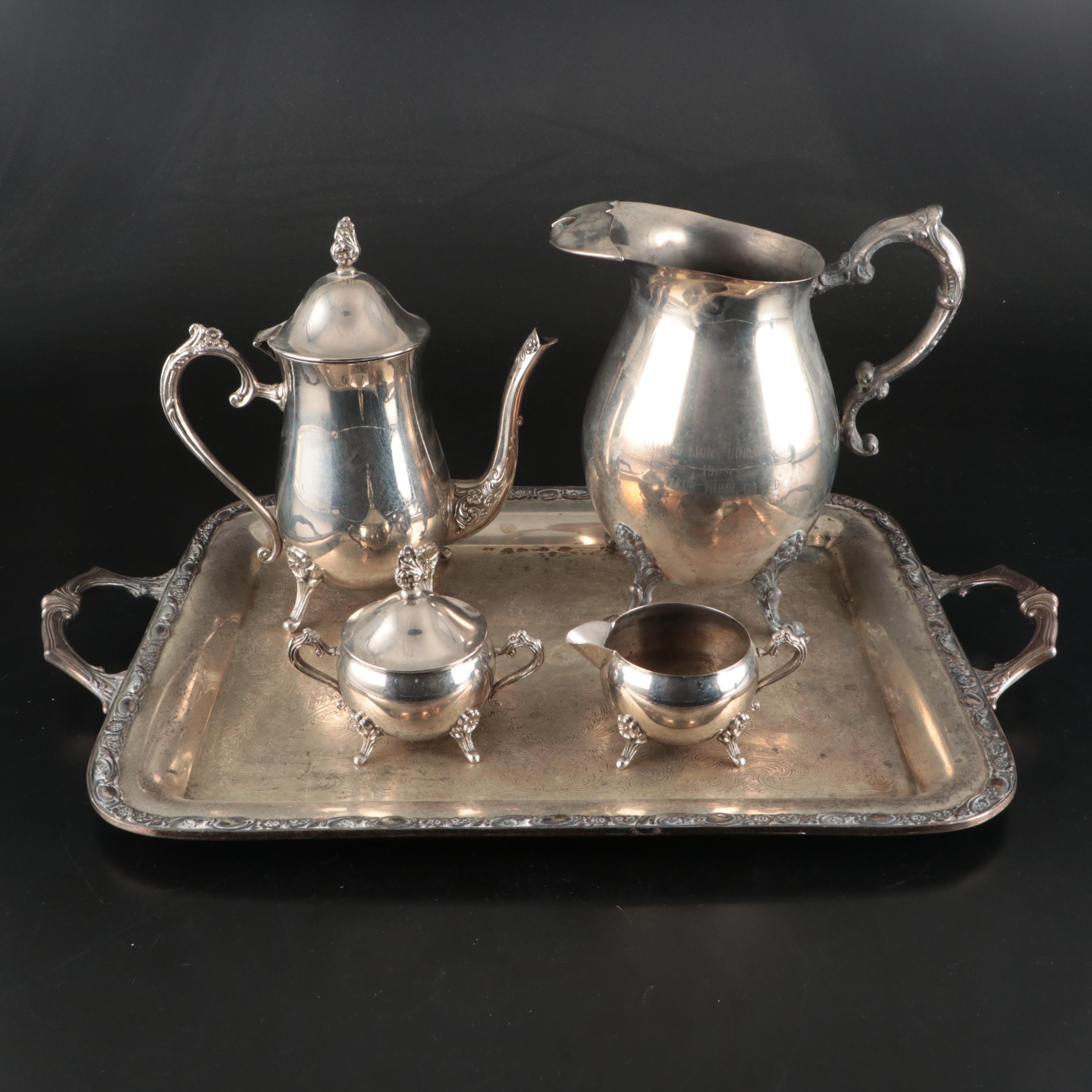 Rogers & Son "Victorian Rose" Silver Plate Tray with Silver Plate Teaware